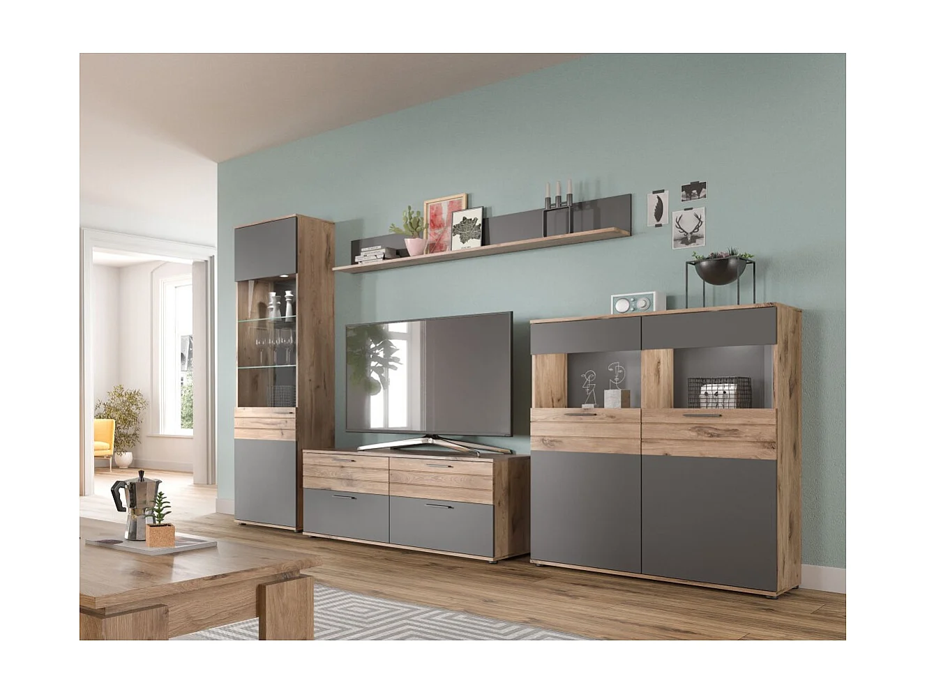 Ensemble de salon complet : Meuble TV, vitrine, buffet haut et étagère – Gris anthracite et chêne clair – SELMA