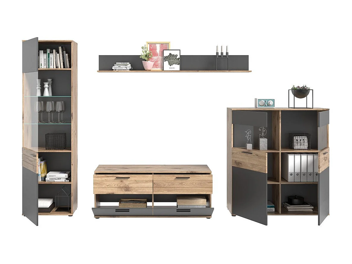 Ensemble de salon complet : Meuble TV, vitrine, buffet haut et étagère – Gris anthracite et chêne clair – SELMA