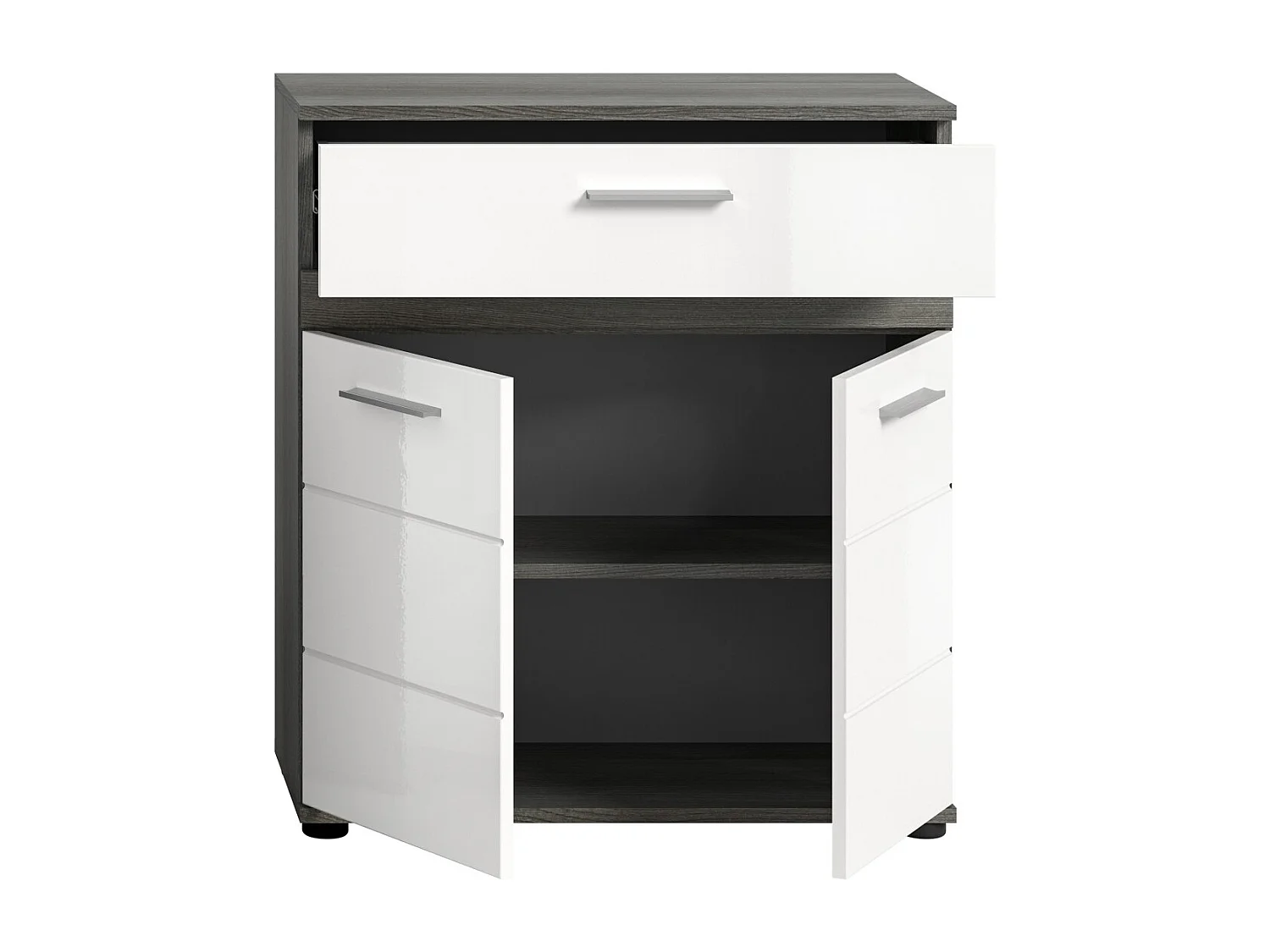 Meuble de rangement de salle de bain WILLIAM – 2 portes, 1 tiroir – Blanc et chêne cendré