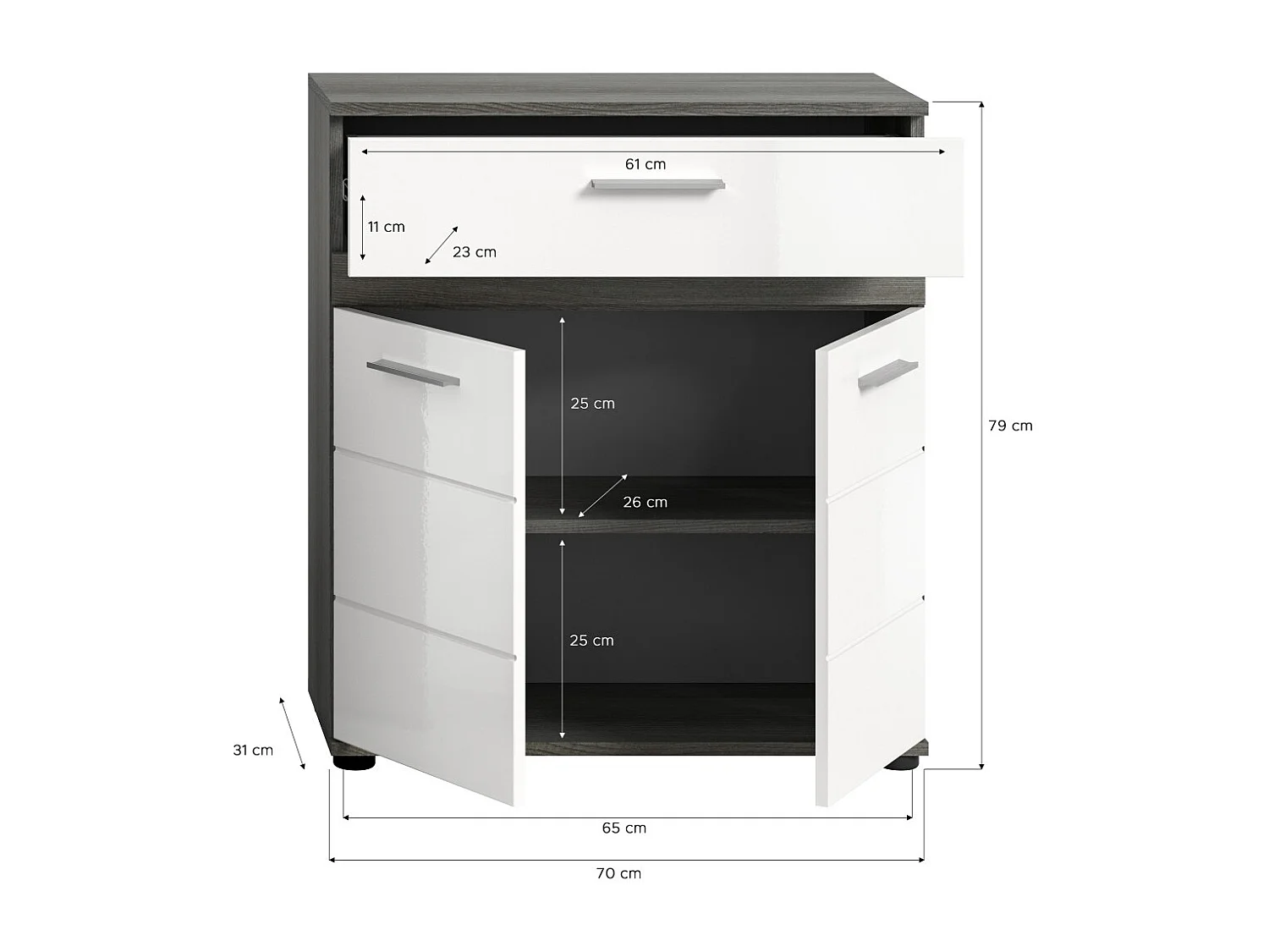 Meuble de rangement de salle de bain WILLIAM – 2 portes, 1 tiroir – Blanc et chêne cendré