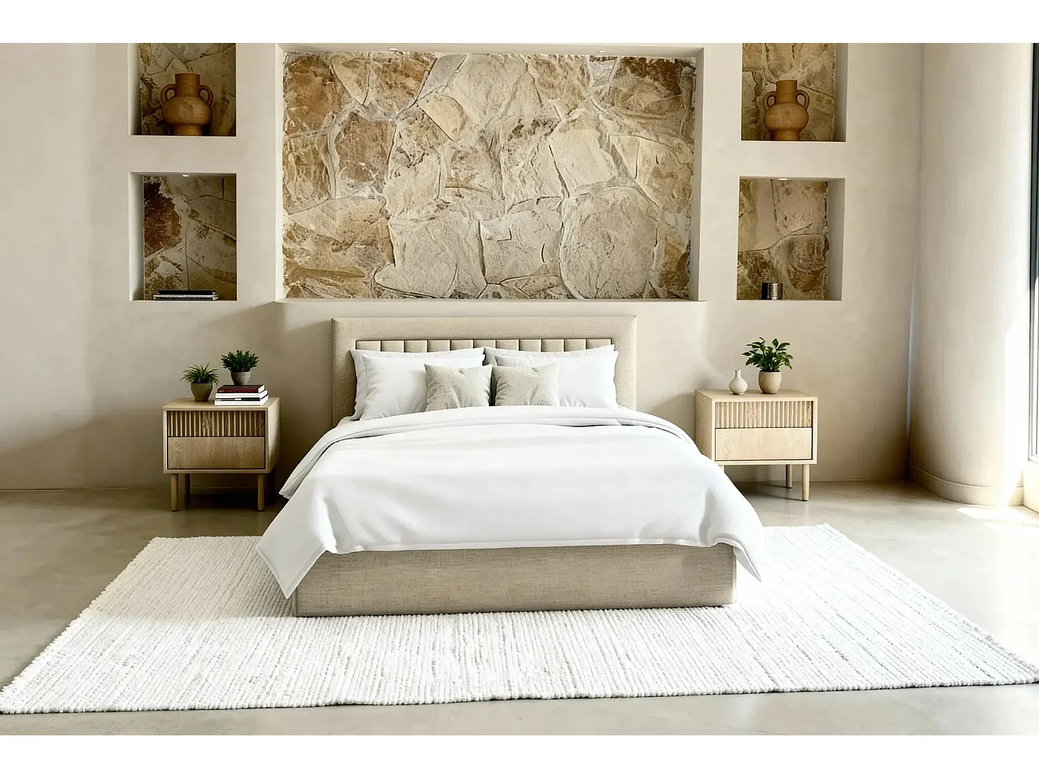 CAMILLE - Lit coffre tissu velours 140x200cm - Beige