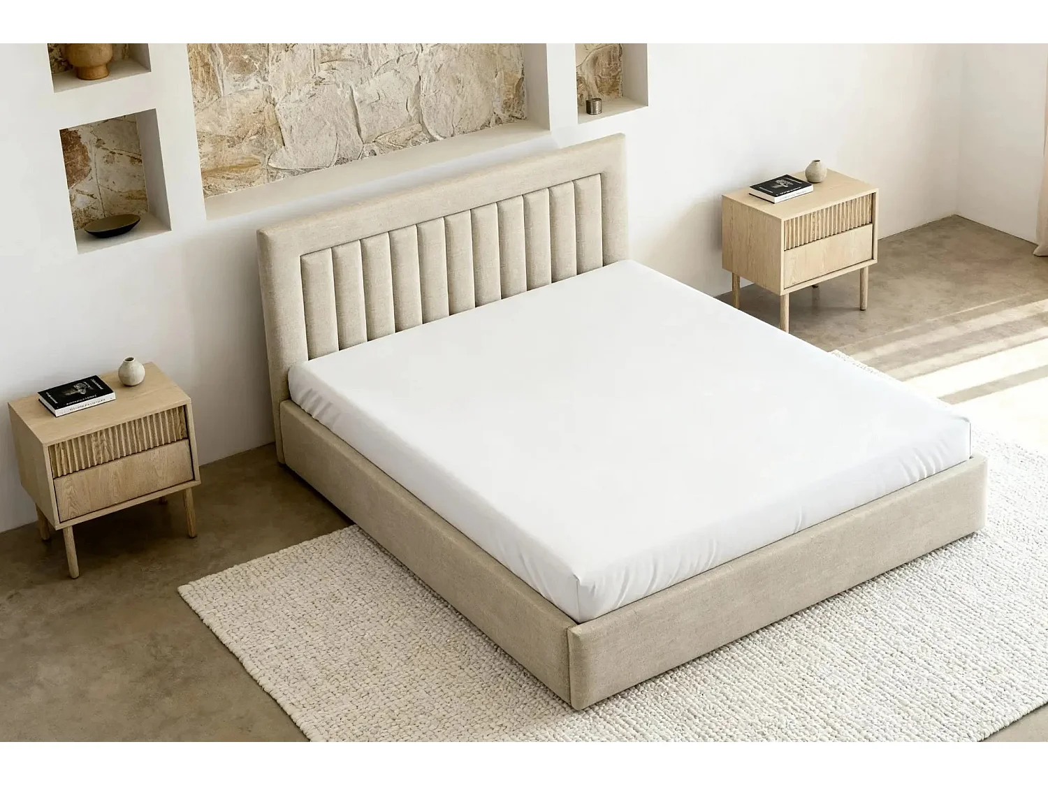 CAMILLE - Lit coffre tissu velours 140x200cm - Beige