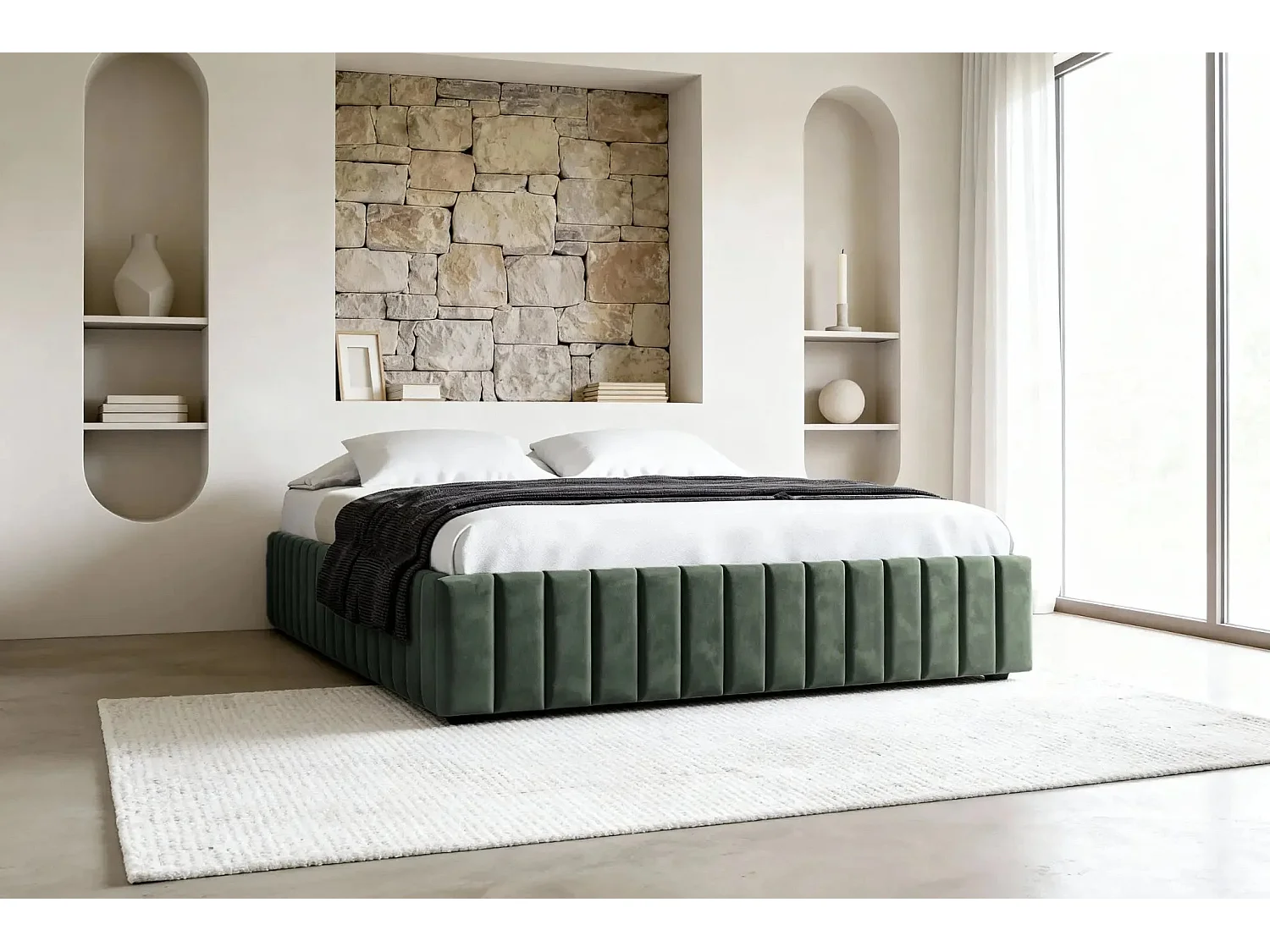 ELENA - Lit coffre tissu velours 140x200cm - Vert
