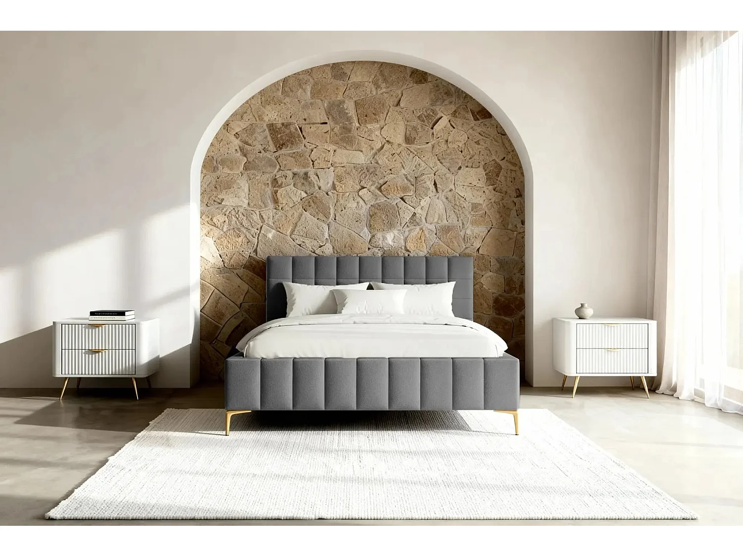 GREGOIRE - Lit coffre tissu chiné 140x200cm - Gris foncé