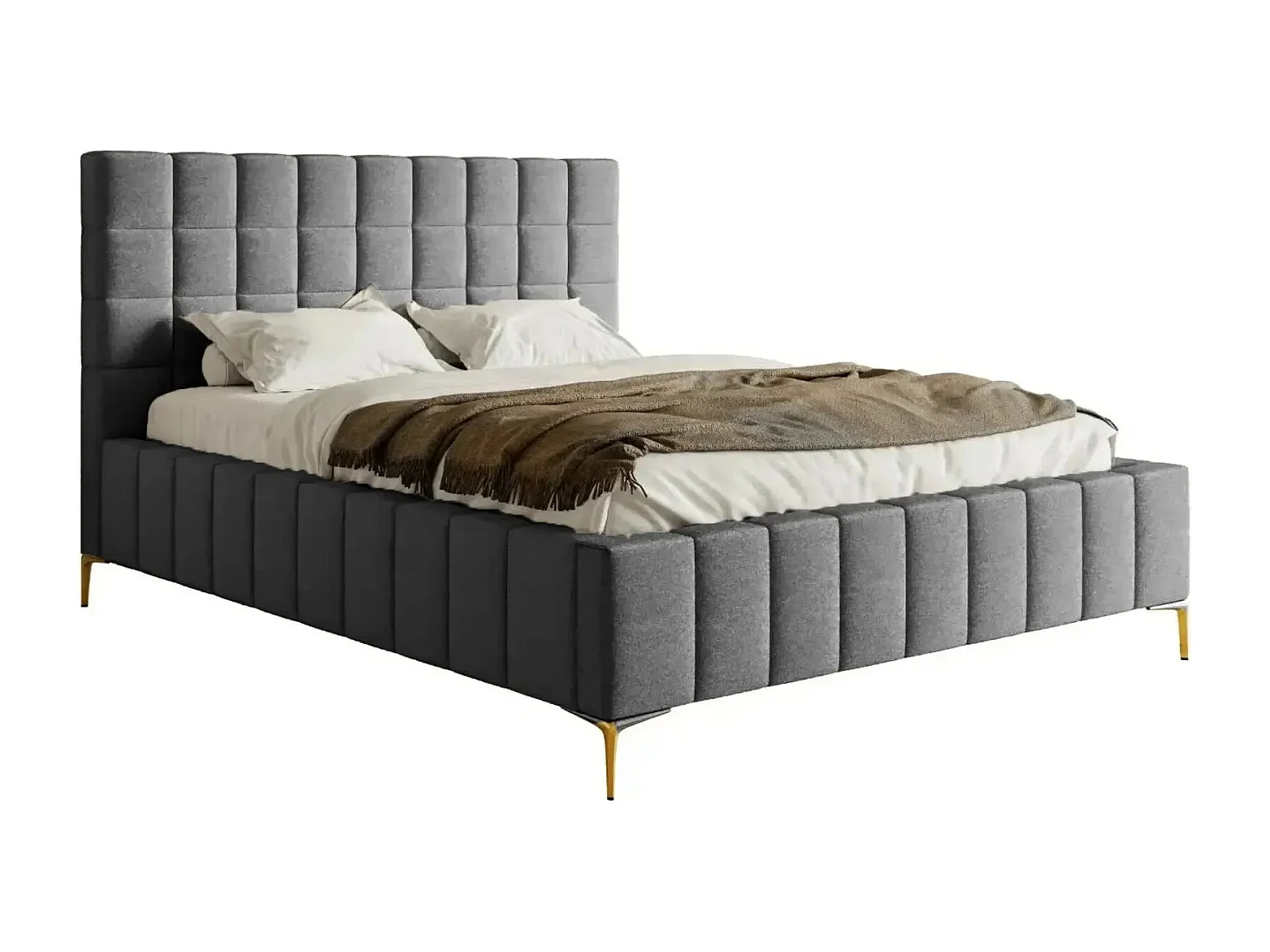 GREGOIRE - Lit coffre tissu chiné 140x200cm - Gris foncé