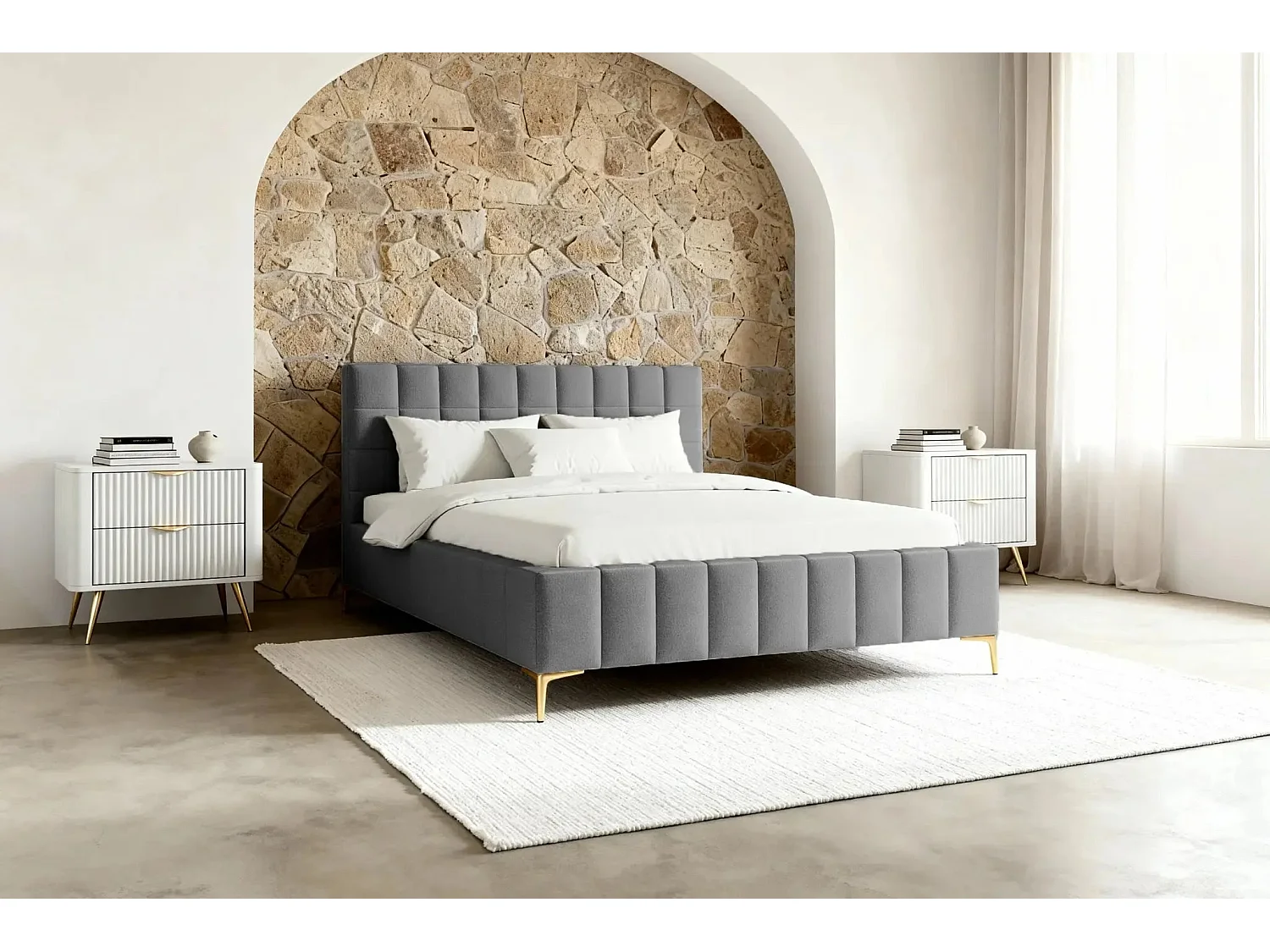 GREGOIRE - Lit coffre tissu chiné 180x200cm - Gris foncé