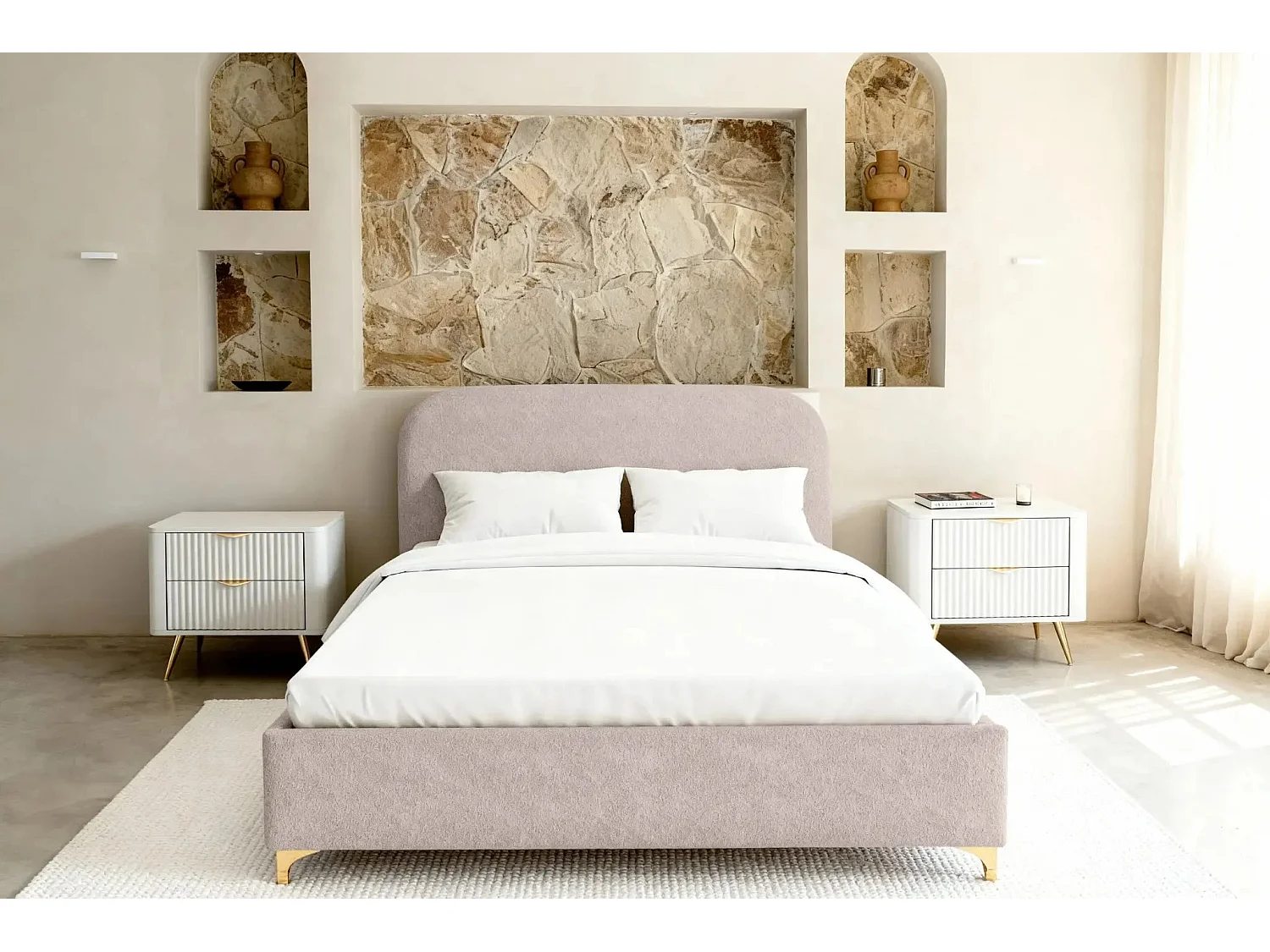 CHARLOTTE - Lit coffre tissu chenille 160x200cm - Rose