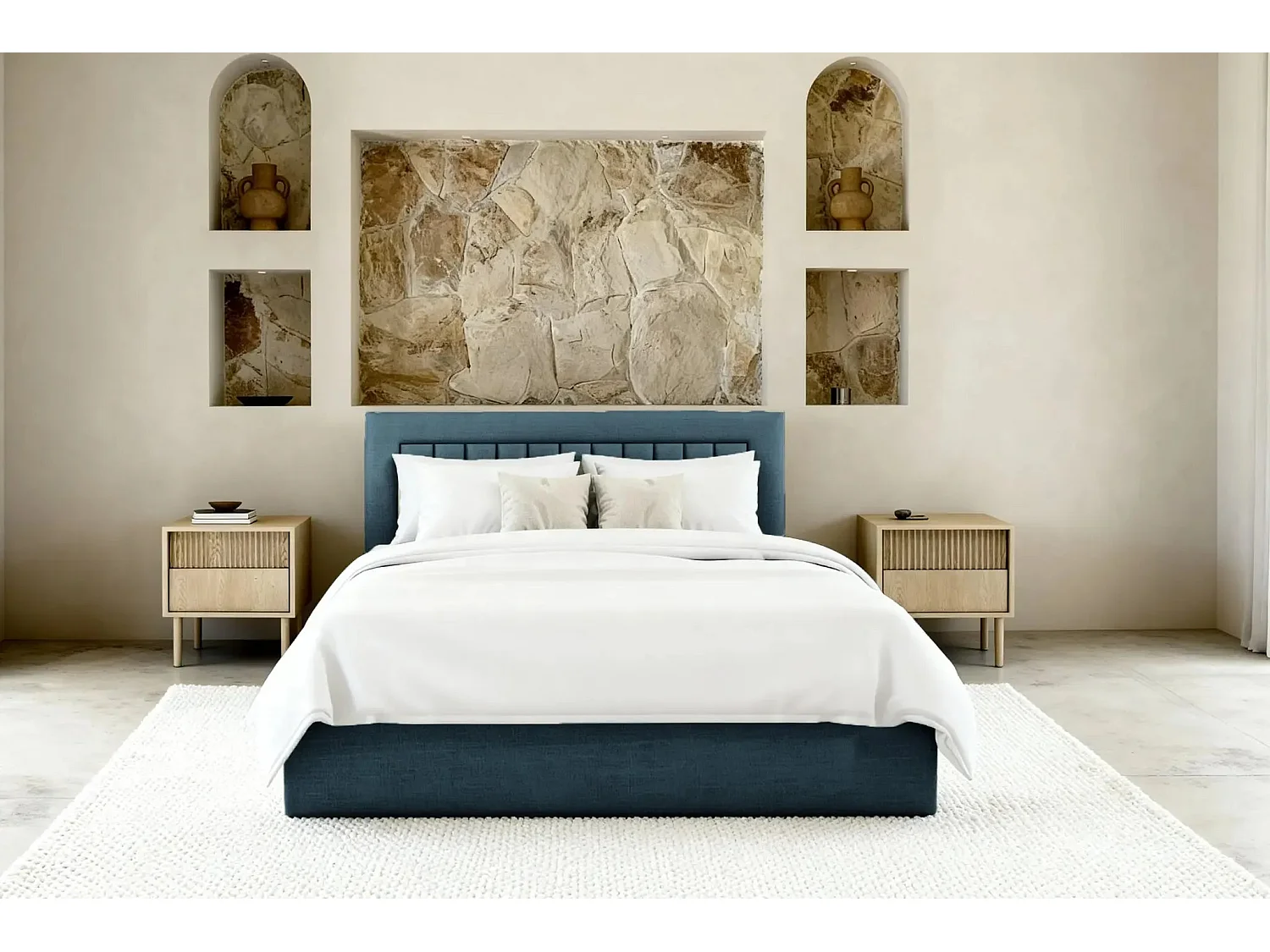 CAMILLE - Lit coffre tissu velours 140x200cm - Bleu