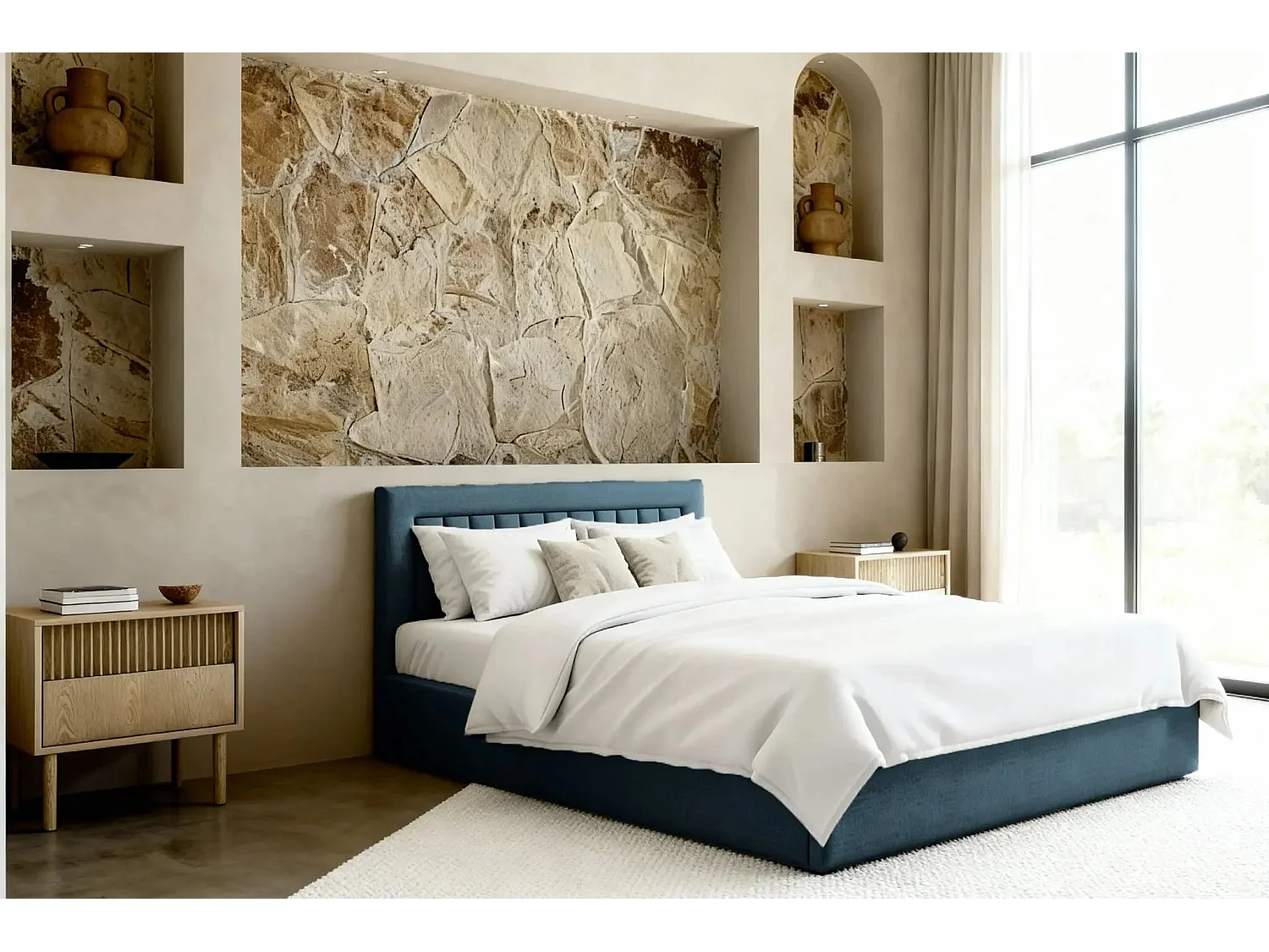 CAMILLE - Lit coffre tissu velours 140x200cm - Bleu