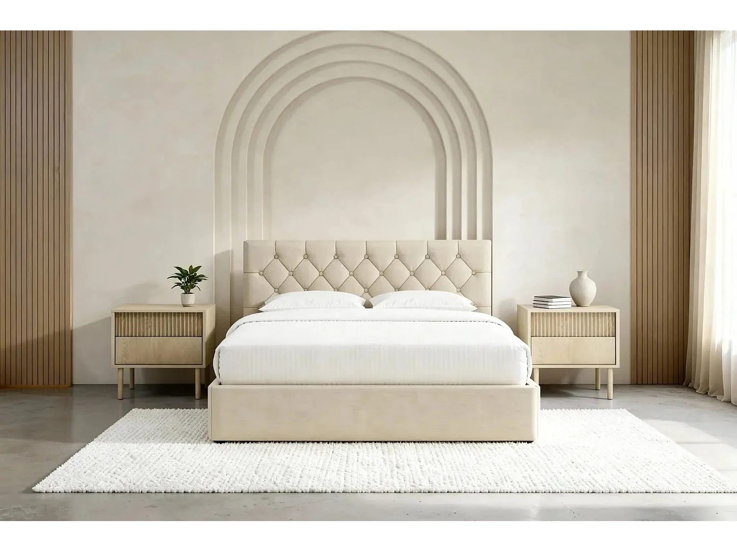 EMILE - Lit coffre tissu velours 140x200cm - Beige