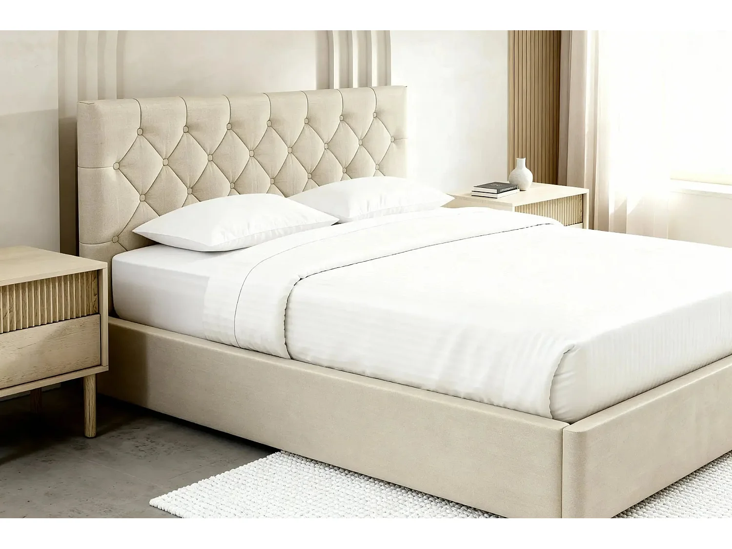 EMILE - Lit coffre tissu velours 140x200cm - Beige