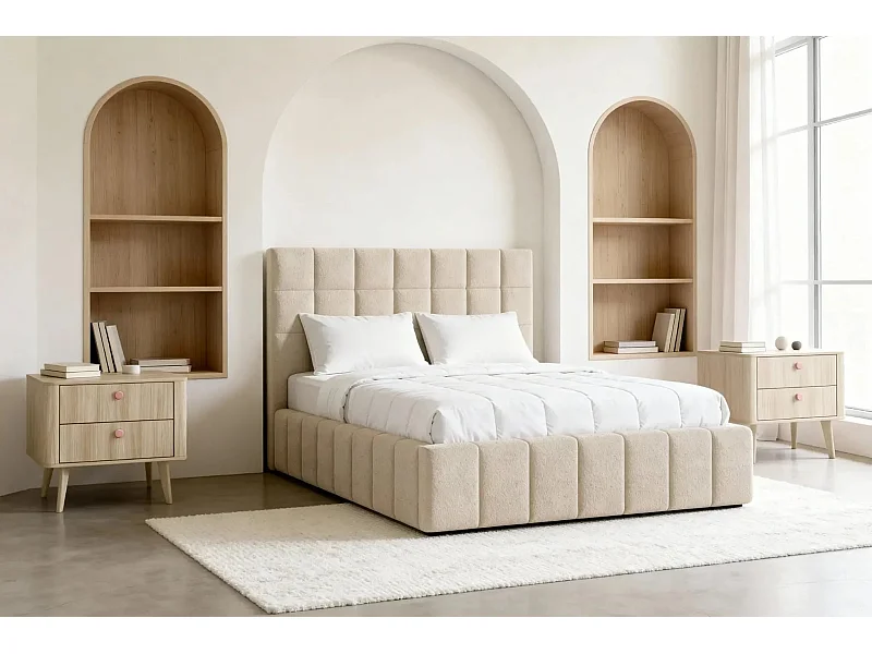 FLORENCE - Lit coffre tissu chenille 180x200cm - Beige