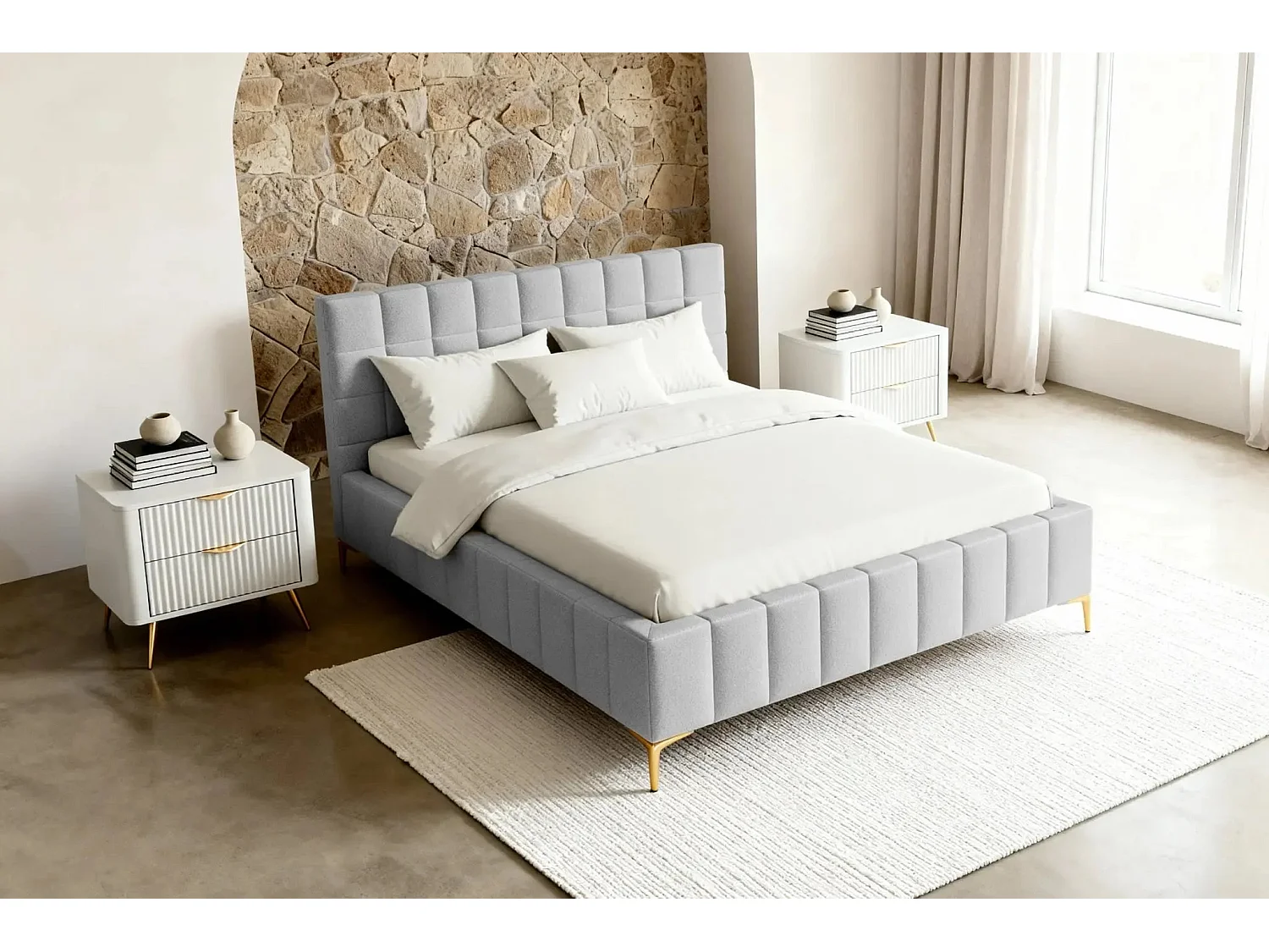 GREGOIRE - Lit coffre tissu chiné 160x200cm - Gris clair