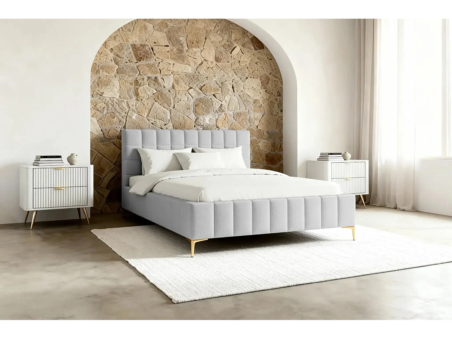 GREGOIRE - Lit coffre tissu chiné 160x200cm - Gris clair