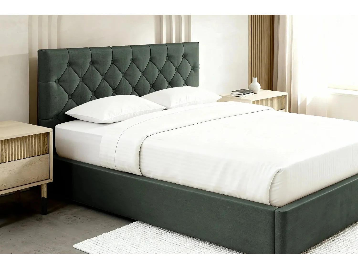 EMILE - Lit coffre tissu velours 160x200cm - Vert