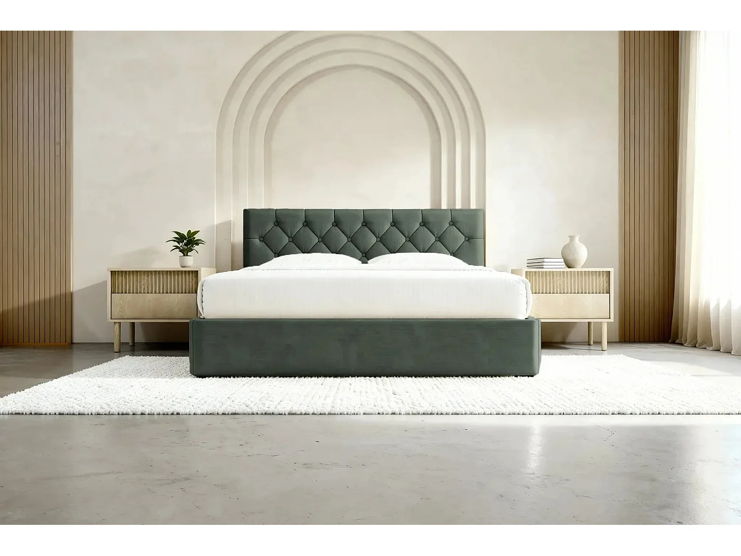 EMILE - Lit coffre tissu velours 160x200cm - Vert