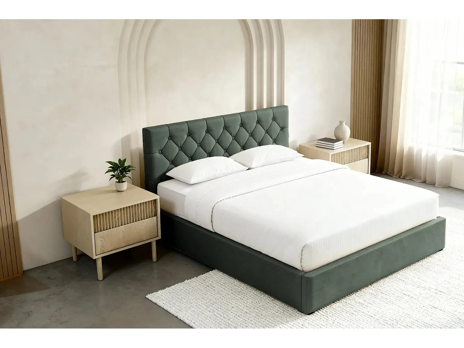 EMILE - Lit coffre tissu velours 160x200cm - Vert