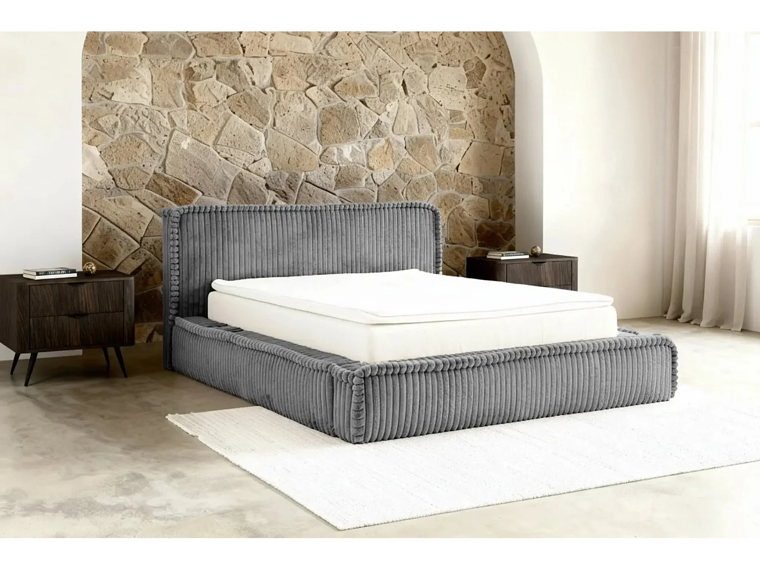 CAPUCINE - Lit coffre velours côtelé 140x200cm - Gris foncé