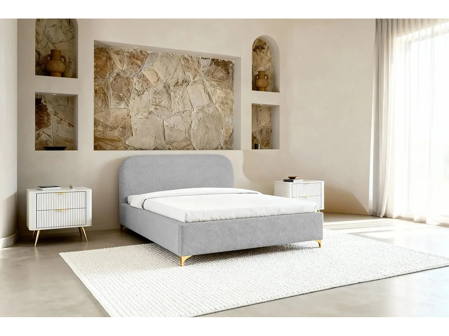 CHARLOTTE - Lit coffre tissu chenille 160x200cm - Gris clair