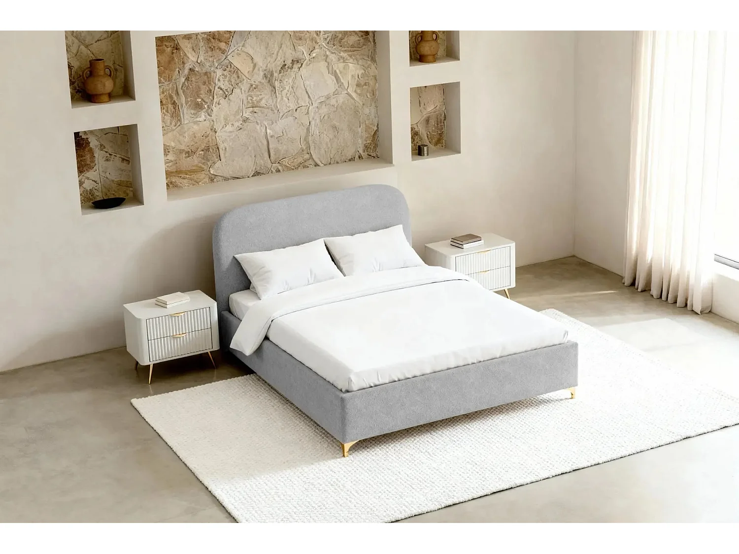 CHARLOTTE - Lit coffre tissu chenille 160x200cm Gris clair