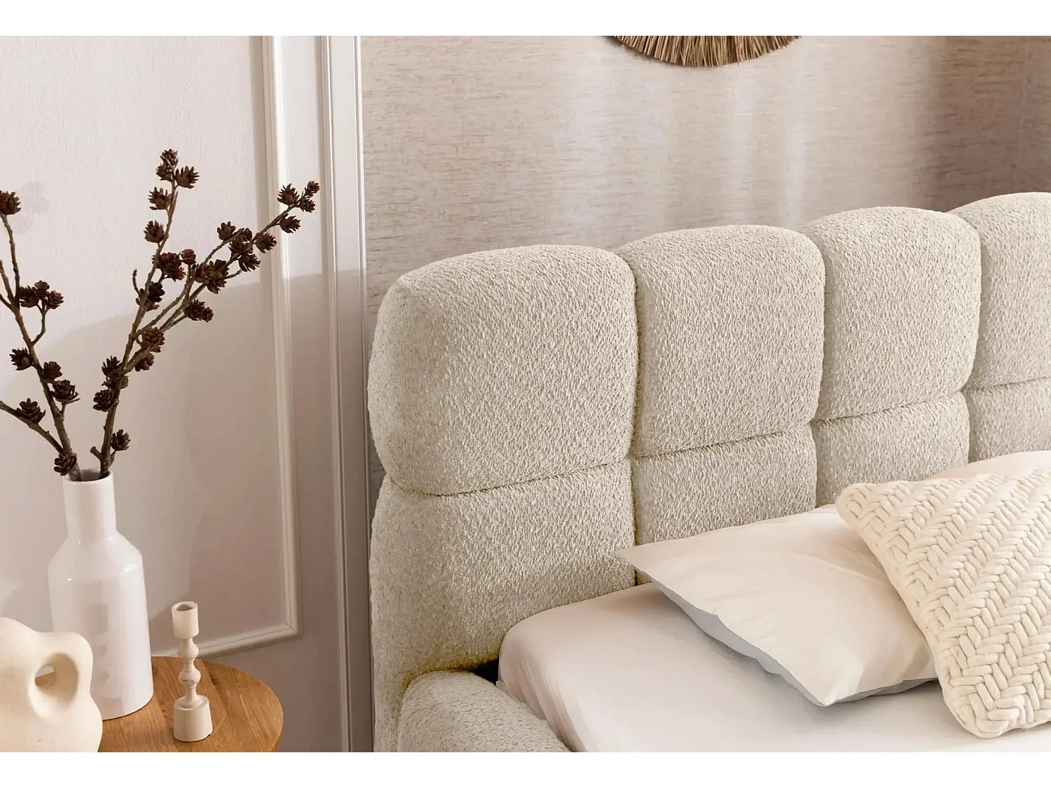 ELISE - Lit coffre tissu bouclette 140x200cm Beige