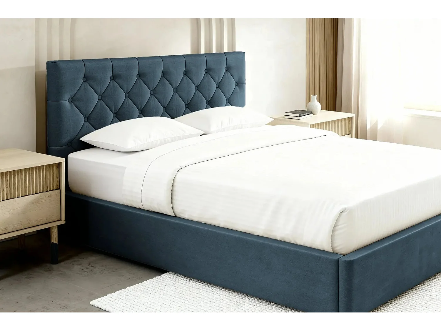 EMILE - Lit coffre tissu velours 160x200cm Bleu