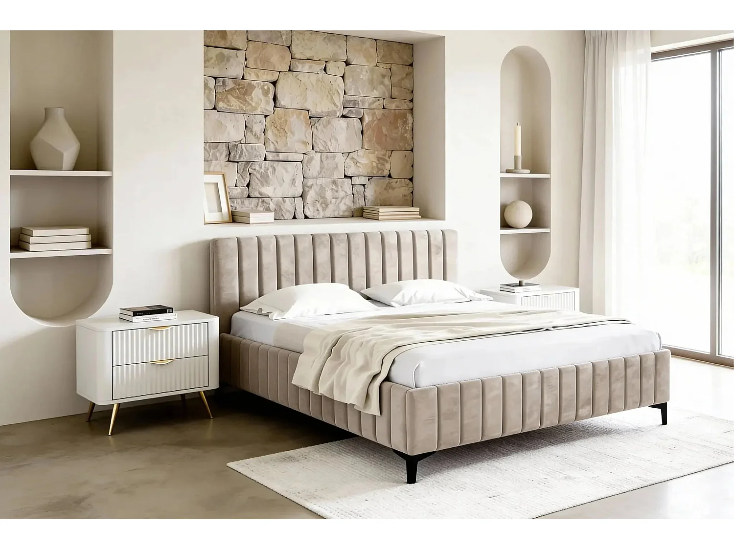 EDEN - Lit coffre tissu velours 180x200cm - Beige