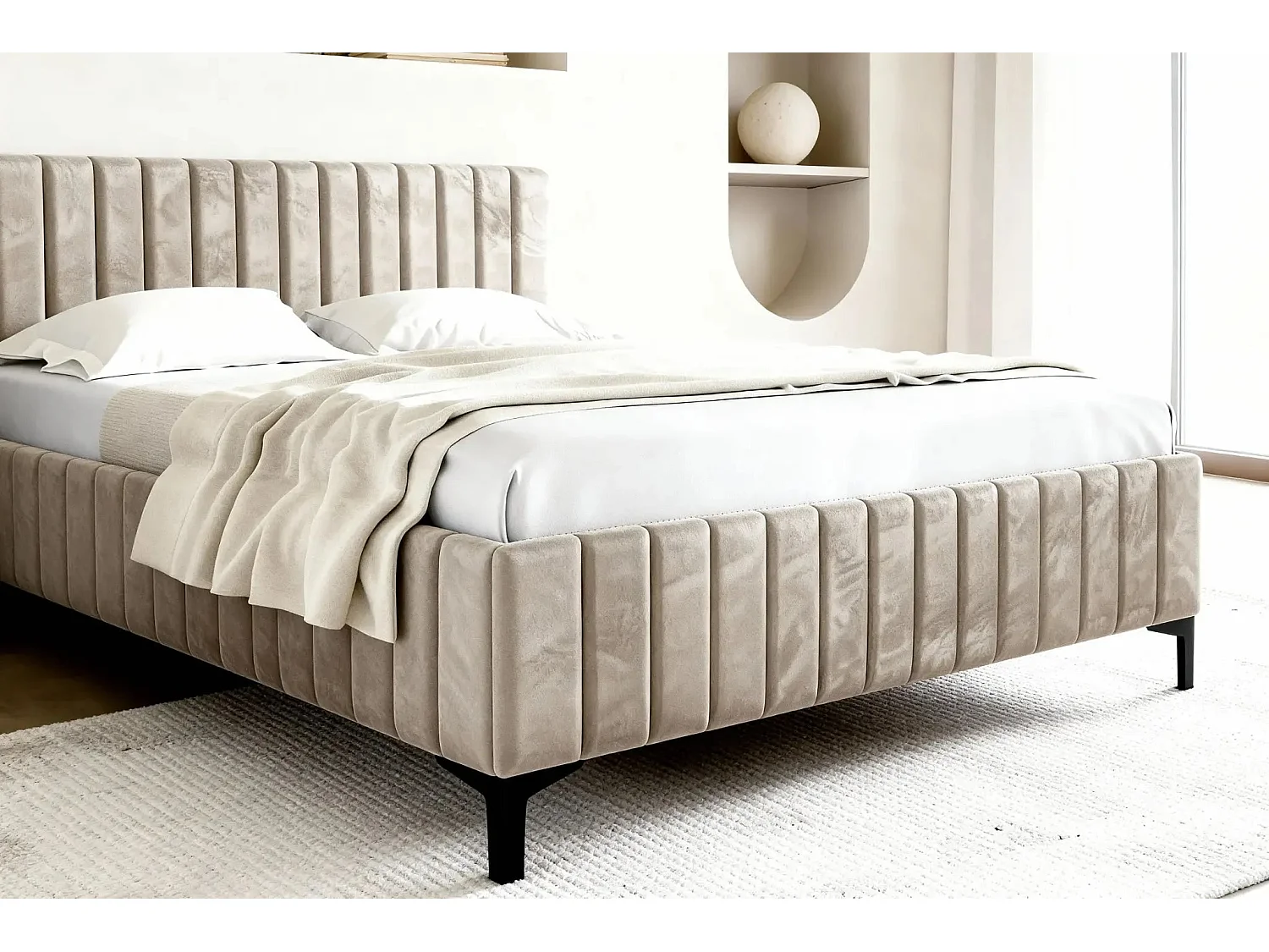 EDEN - Lit coffre tissu velours 180x200cm - Beige