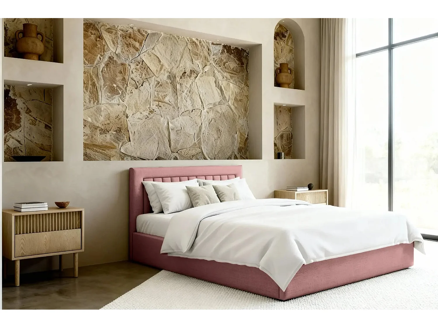 CAMILLE - Lit coffre tissu velours 160x200cm - Rose