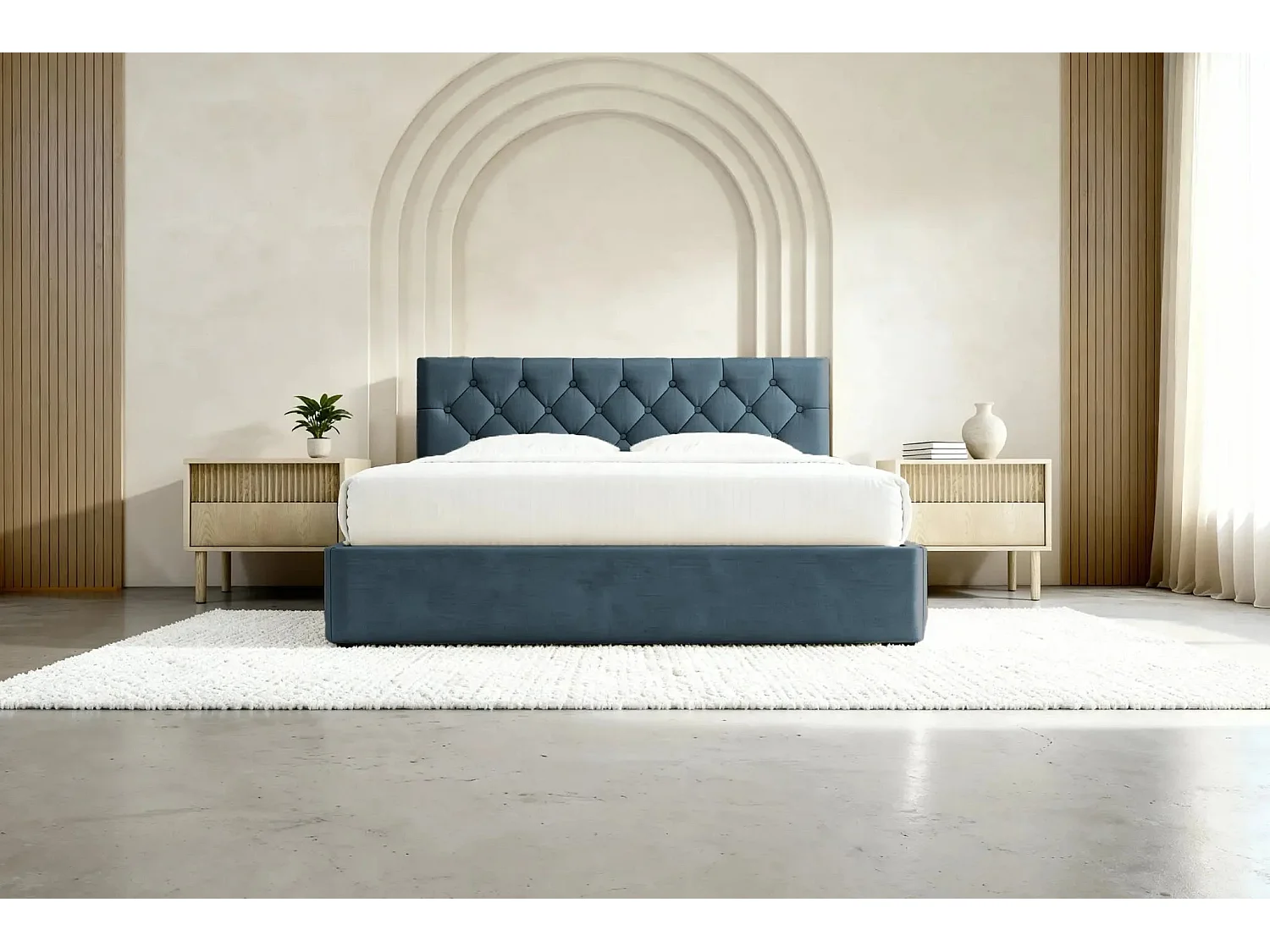 EMILE - Lit coffre tissu velours 140x200cm - Bleu