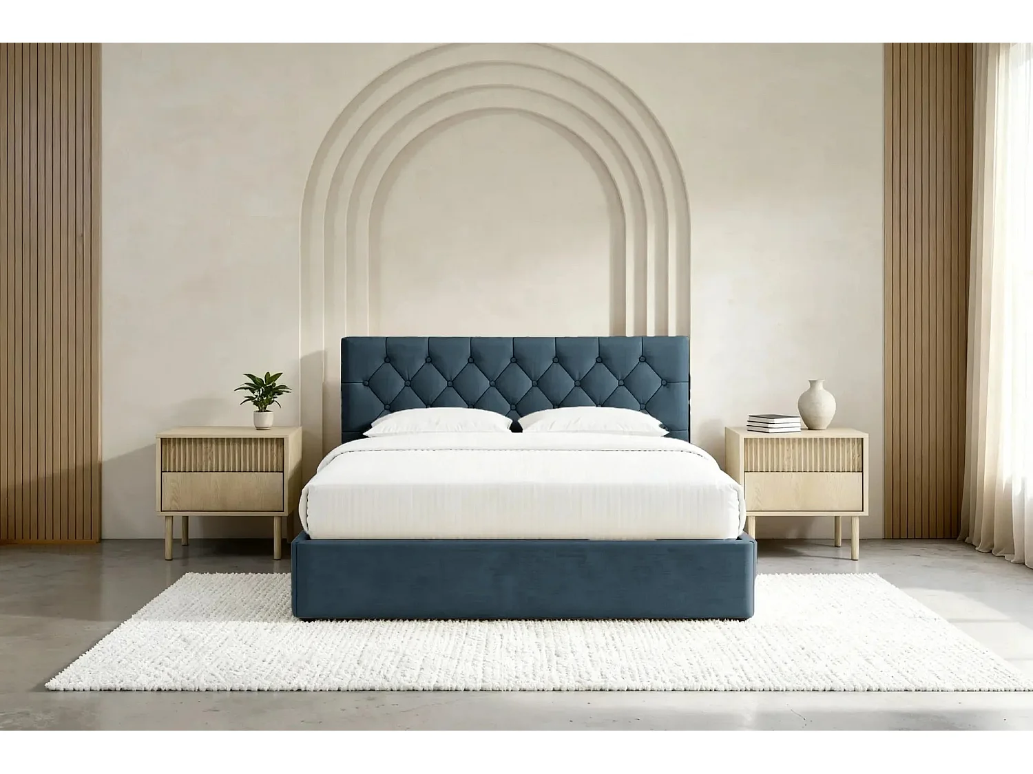 EMILE - Lit coffre tissu velours 140x200cm Bleu
