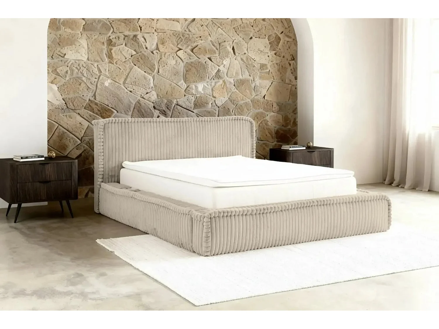 CAPUCINE - Lit coffre velours côtelé 140x200cm - Beige