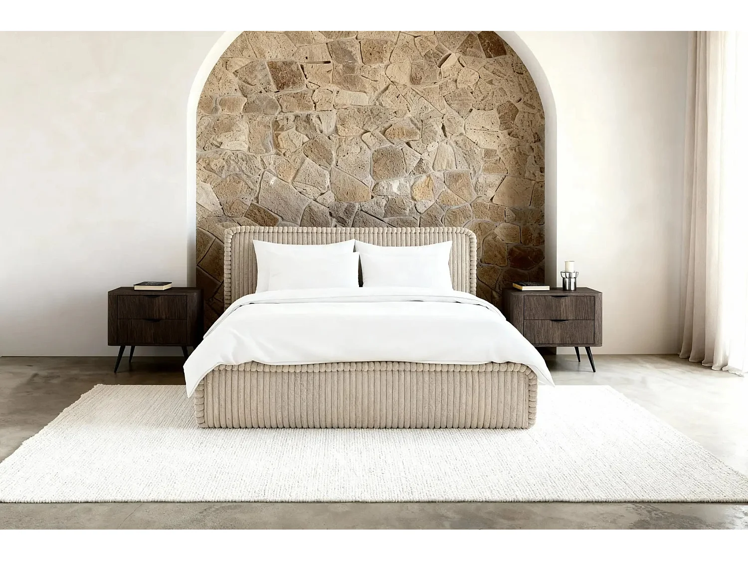 CAPUCINE - Lit coffre velours côtelé 140x200cm - Beige