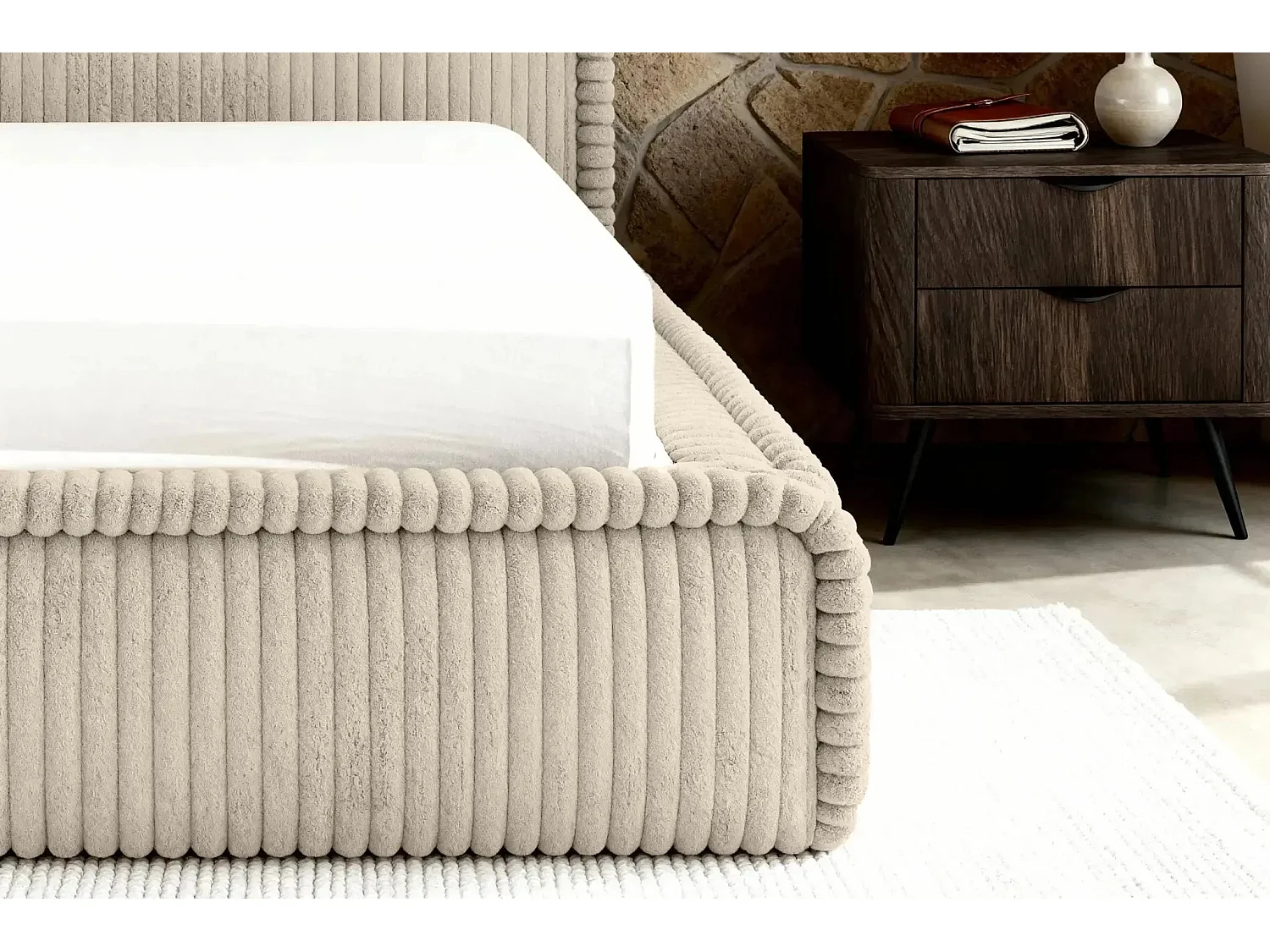 CAPUCINE - Lit coffre velours côtelé 140x200cm - Beige