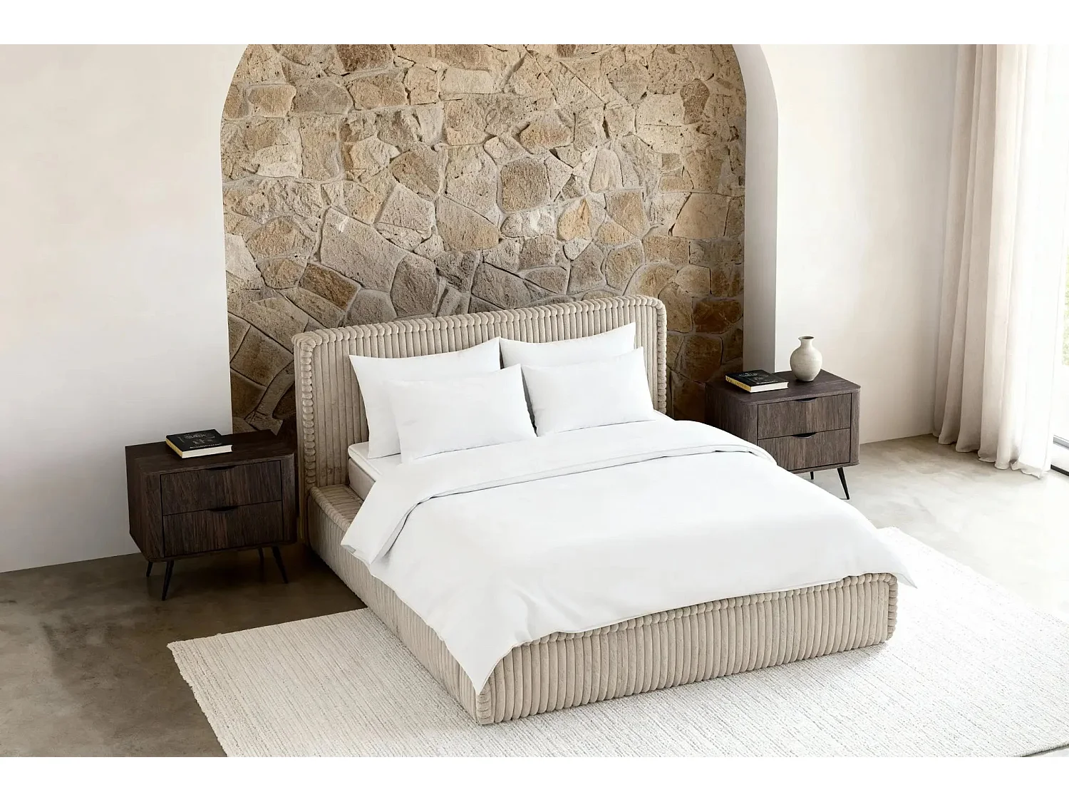 CAPUCINE - Lit coffre velours côtelé 140x200cm - Beige