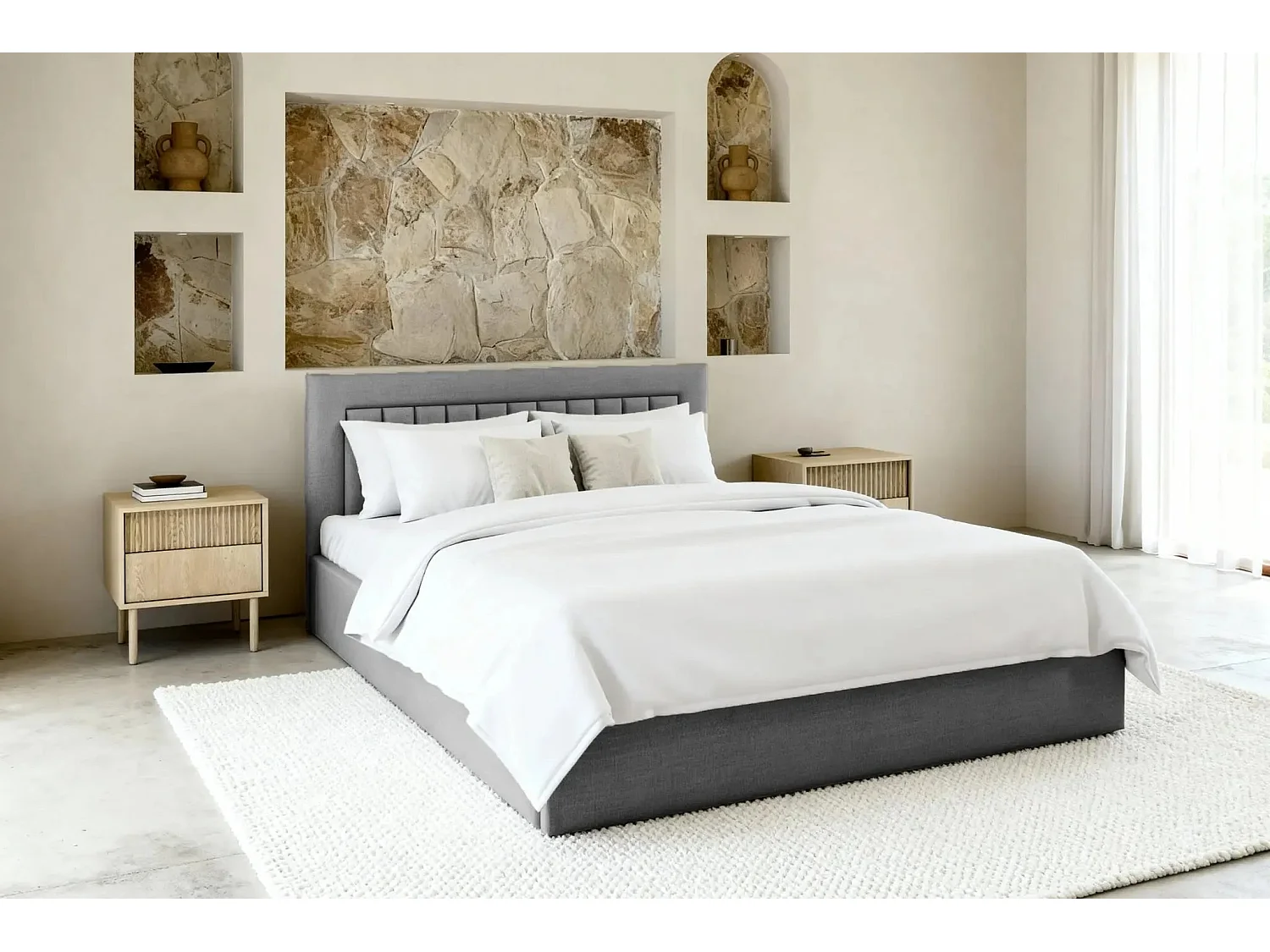 CAMILLE - Lit coffre tissu velours 140x200cm - Gris foncé