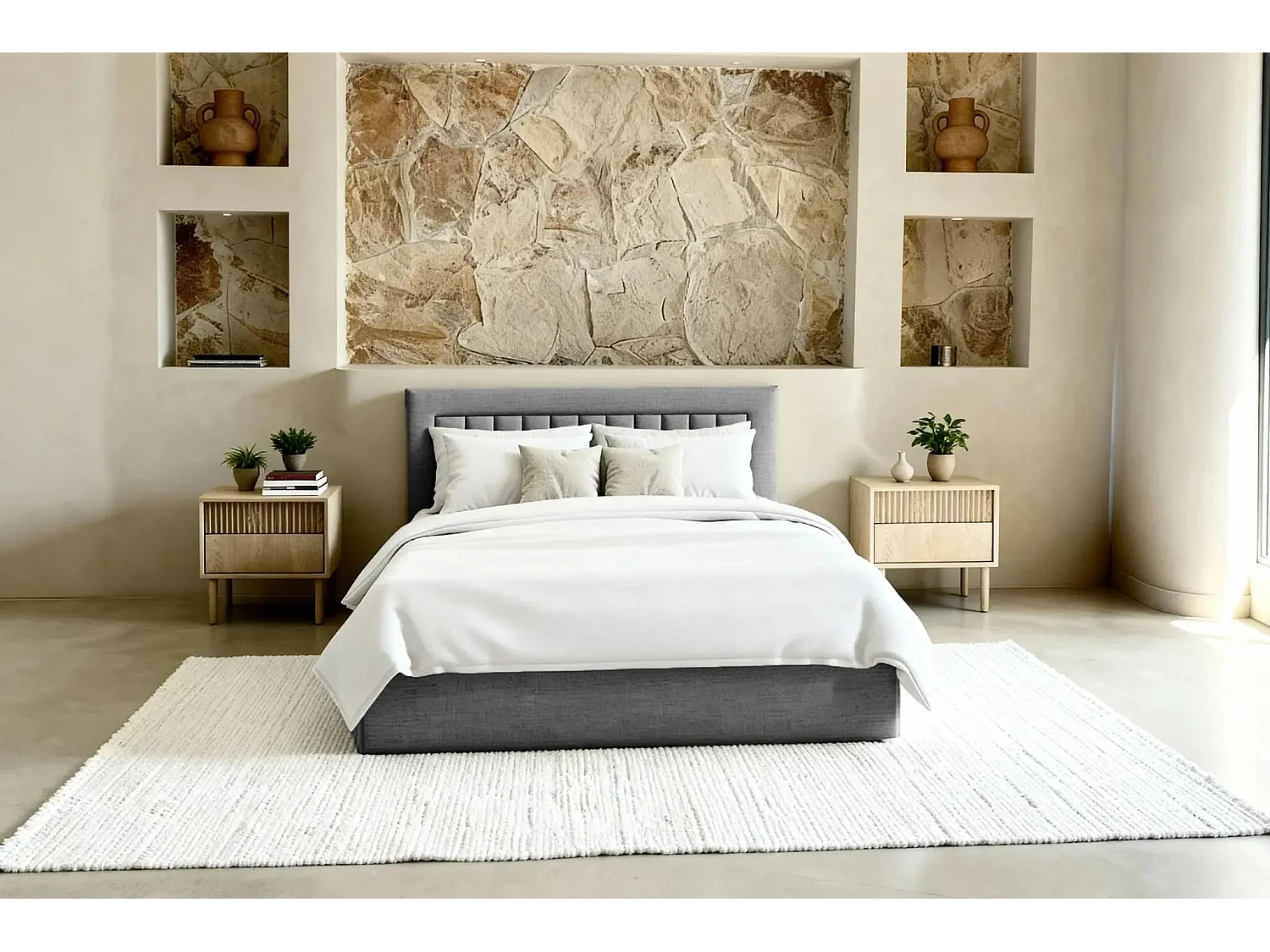 CAMILLE - Lit coffre tissu velours 140x200cm - Gris foncé