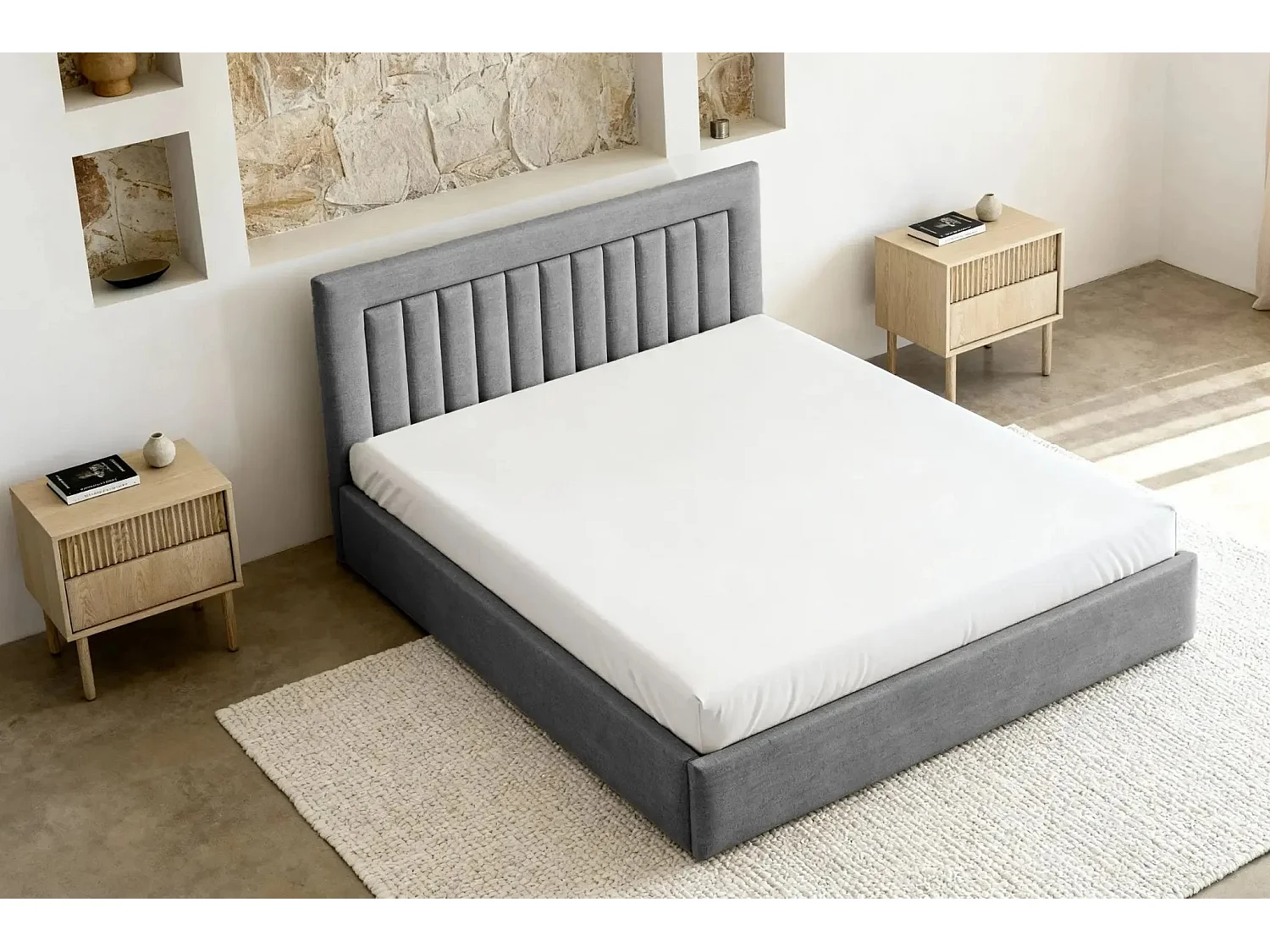 CAMILLE - Lit coffre tissu velours 140x200cm - Gris foncé