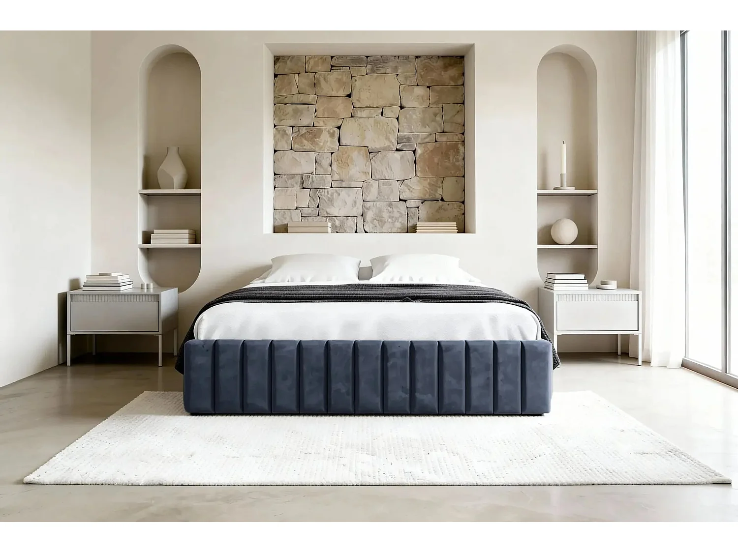 ELENA - Lit coffre tissu velours 160x200cm - Bleu