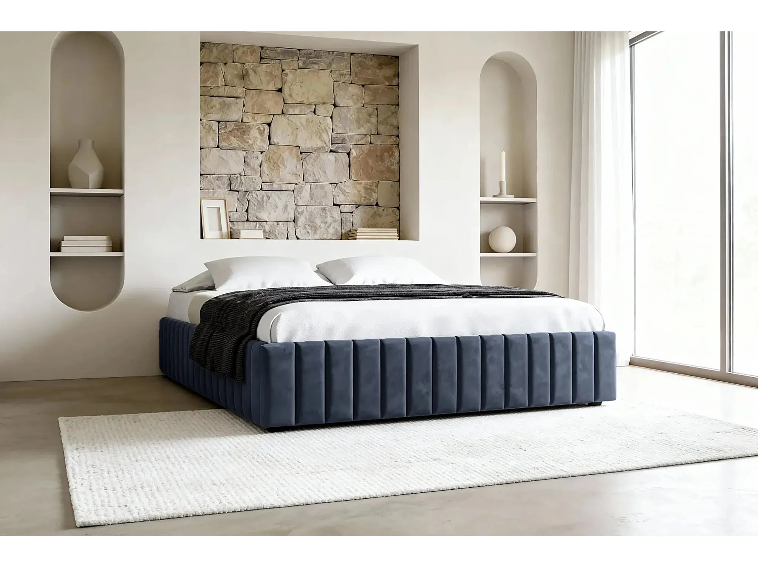 ELENA - Lit coffre tissu velours 160x200cm - Bleu