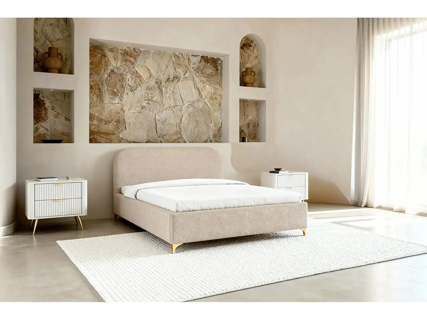 CHARLOTTE - Lit coffre tissu chenille 140x200cm - Beige