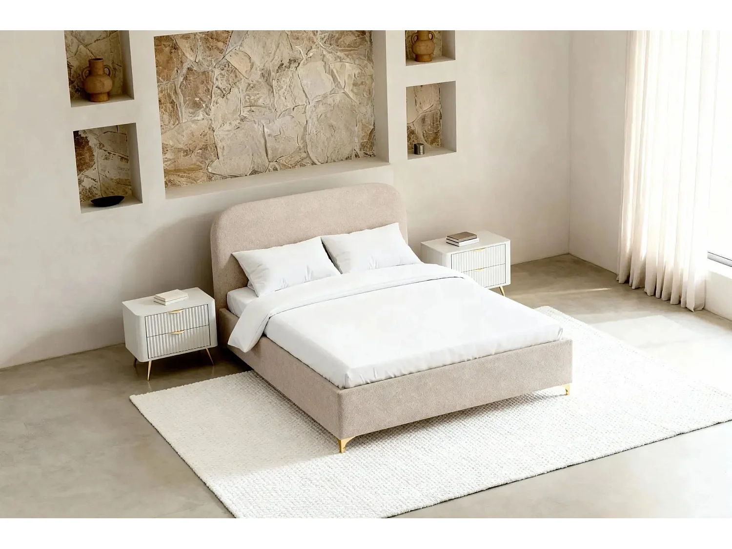 CHARLOTTE - Lit coffre tissu chenille 140x200cm - Beige