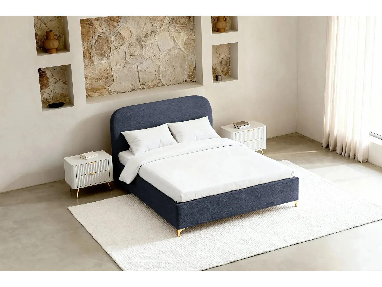 CHARLOTTE - Lit coffre tissu chenille 140x200cm - Bleu