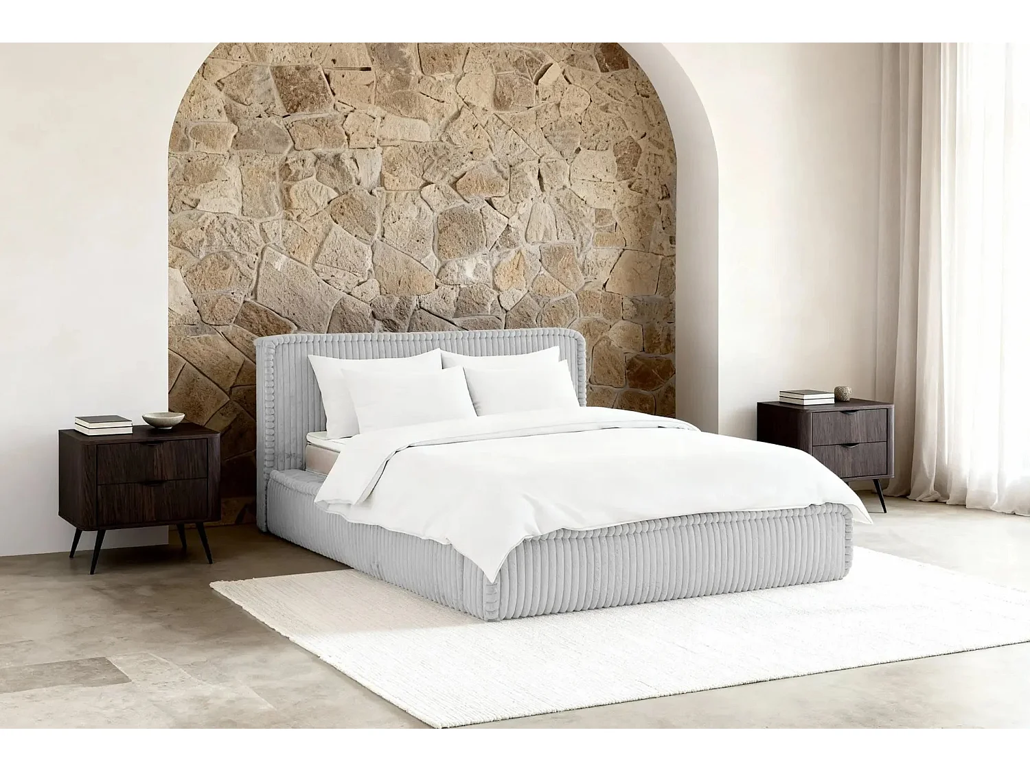 CAPUCINE - Lit coffre velours côtelé 140x200cm - Gris clair