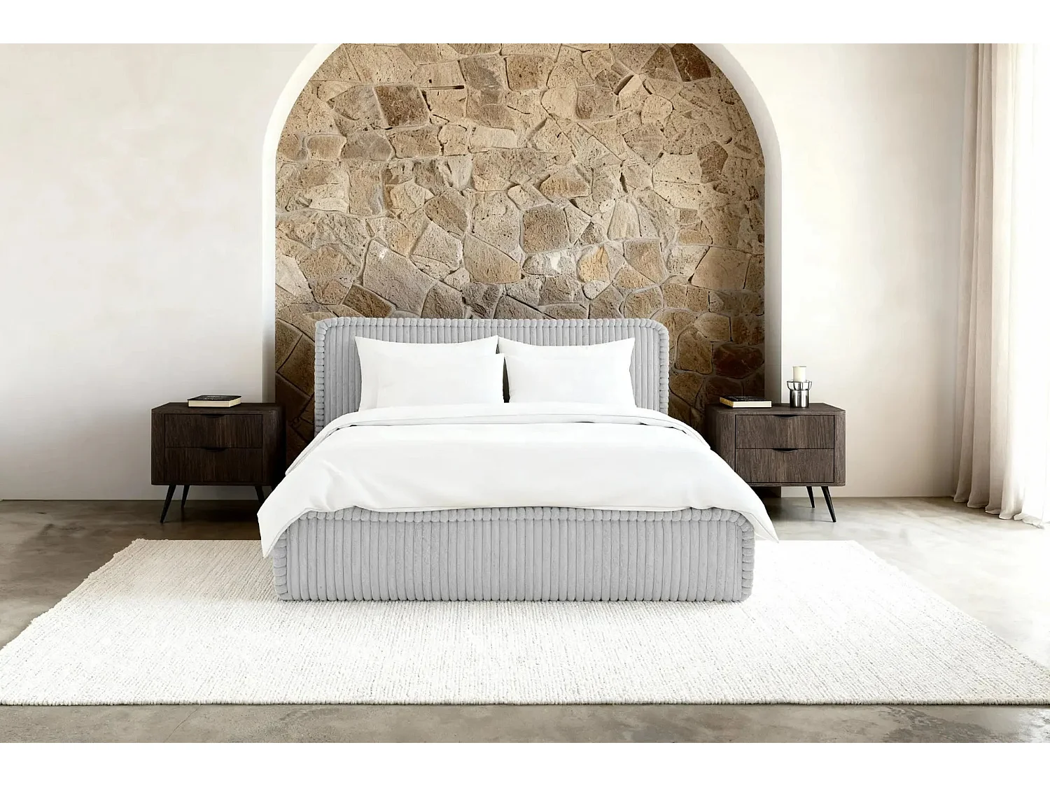 CAPUCINE - Lit coffre velours côtelé 140x200cm - Gris clair