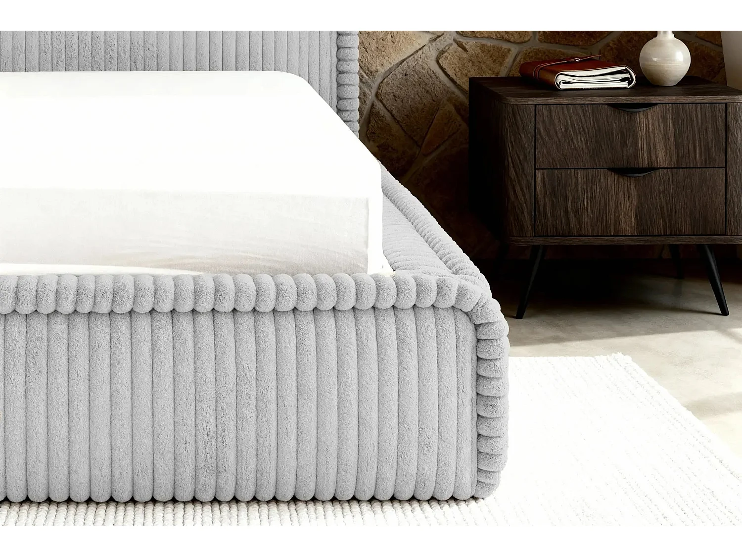 CAPUCINE - Lit coffre velours côtelé 140x200cm - Gris clair