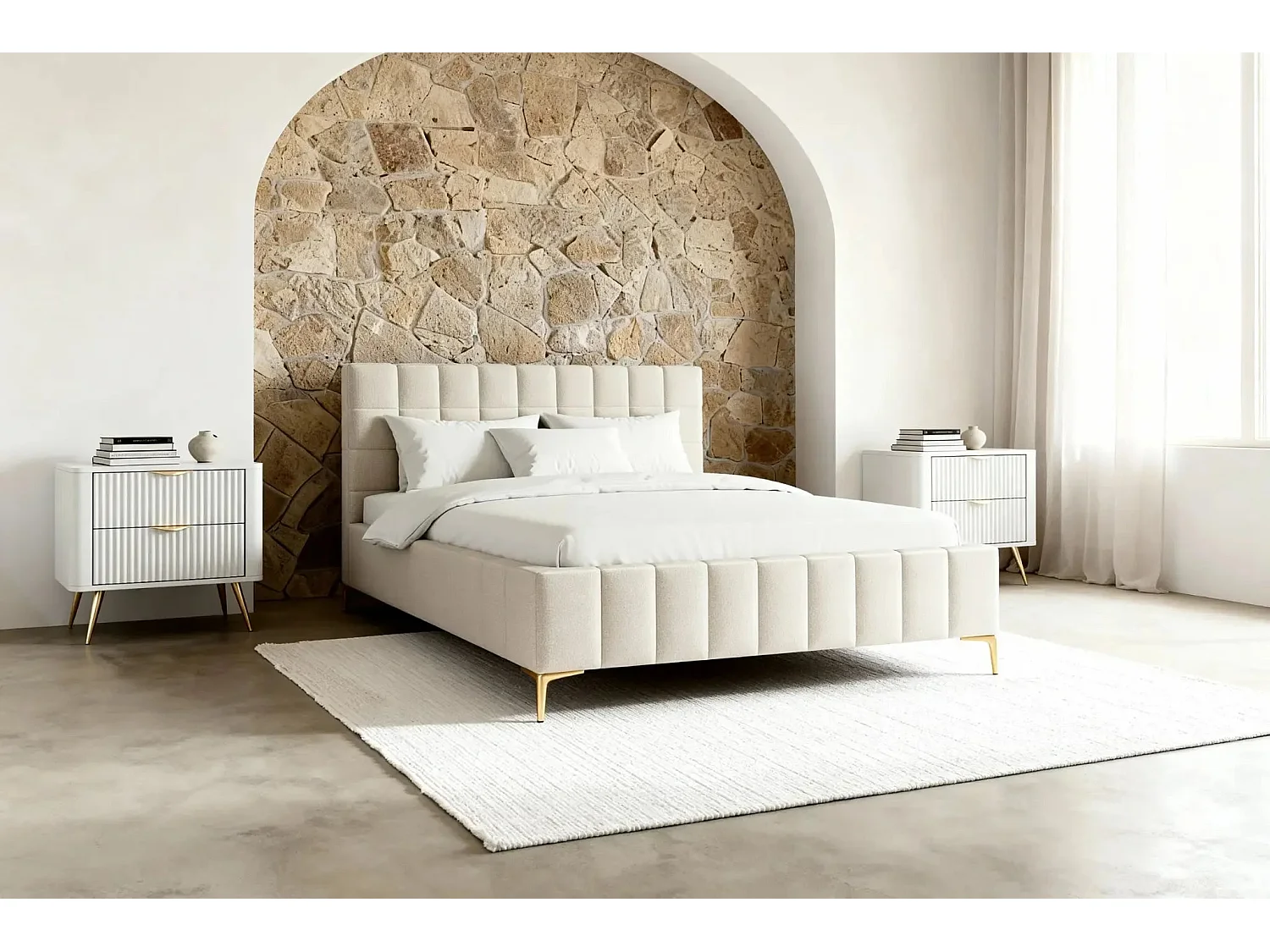 GREGOIRE - Lit coffre tissu chiné 160x200cm - Beige