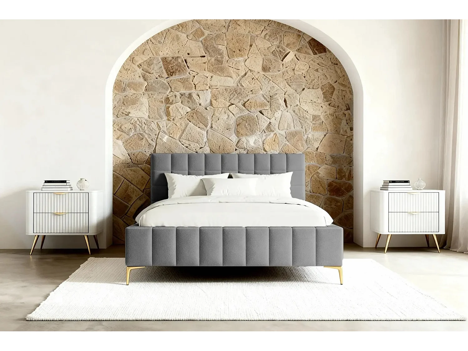 GREGOIRE - Lit coffre tissu chiné 160x200cm - Gris foncé