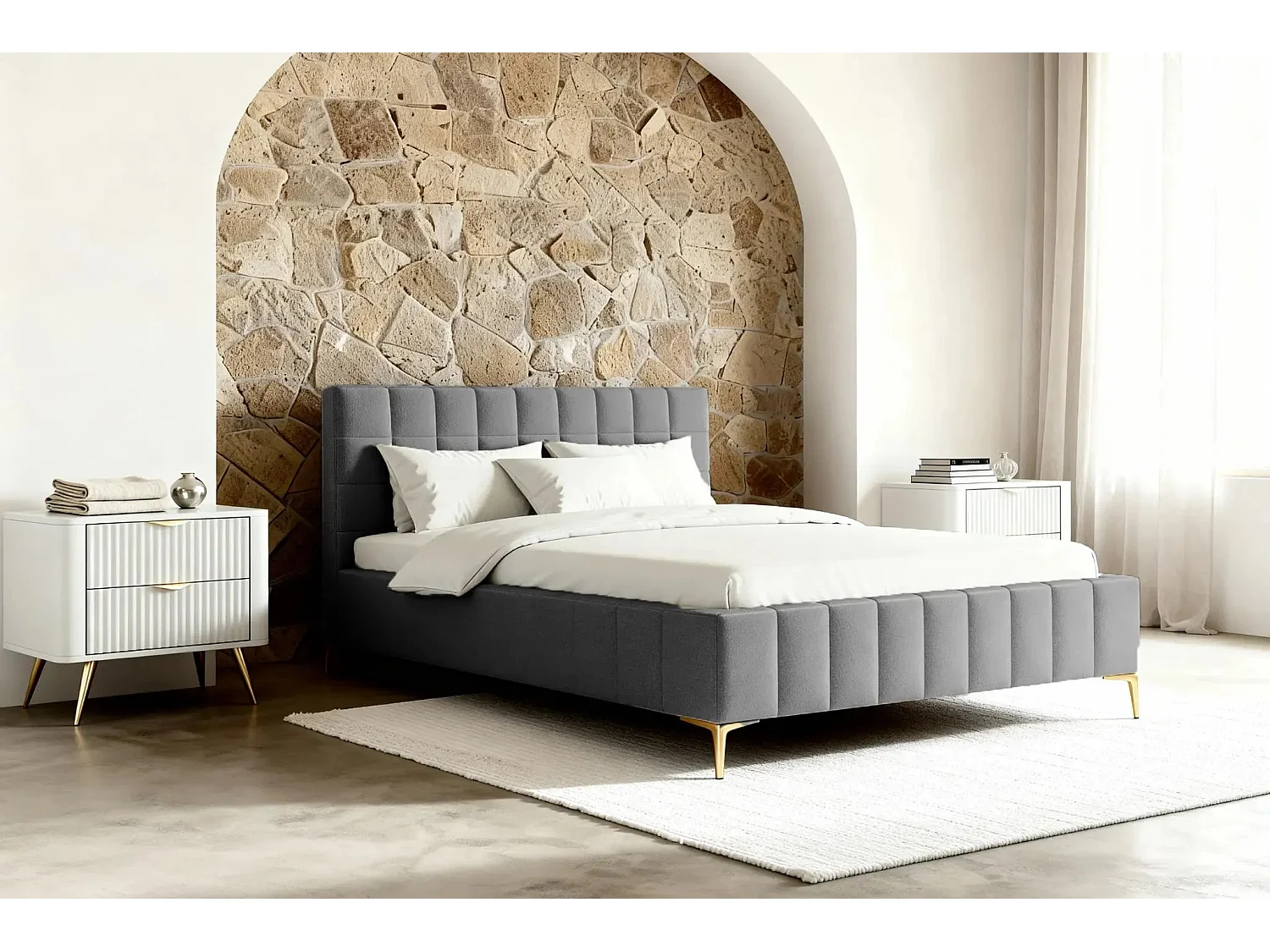 GREGOIRE - Lit coffre tissu chiné 160x200cm - Gris foncé