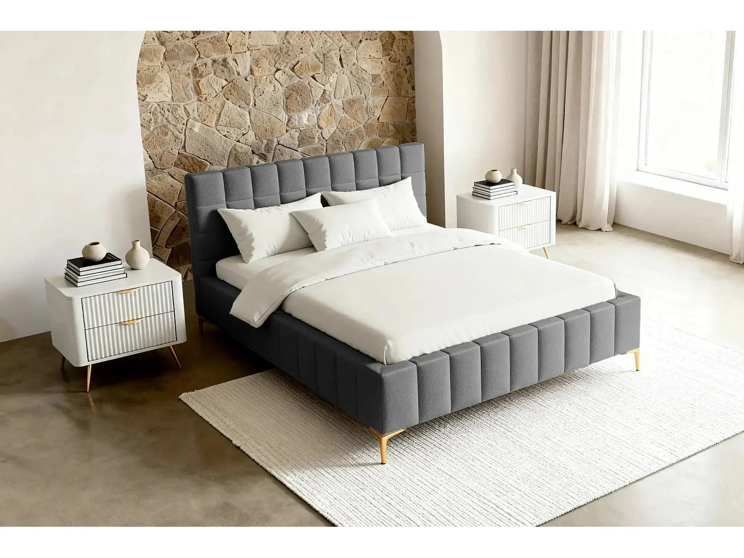 GREGOIRE - Lit coffre tissu chiné 160x200cm - Gris foncé